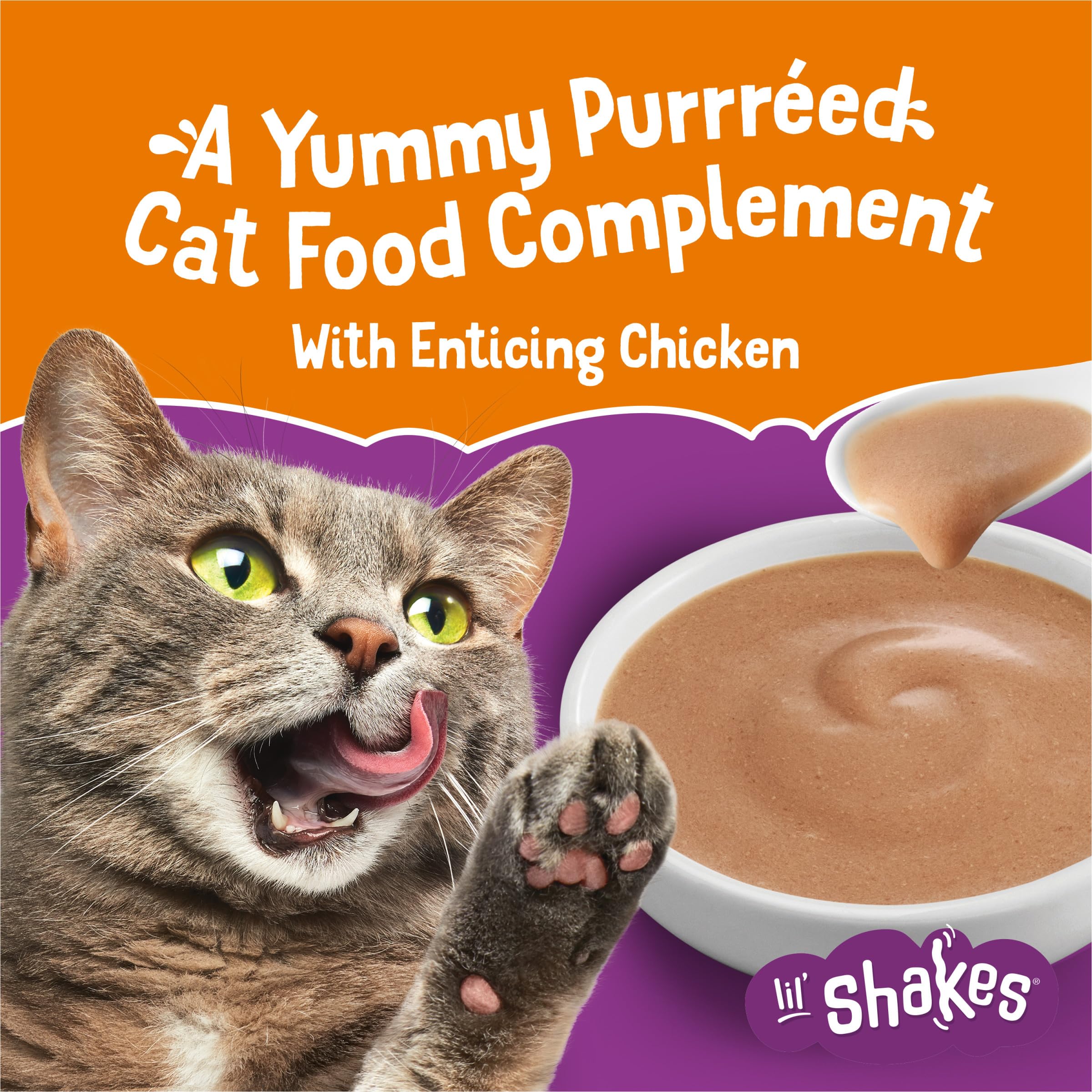 Friskies Lil’ Shakes pouch closeup shows real chicken in puree