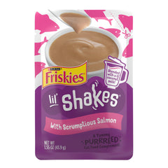 Friskies Lil’ Shakes salmon puree topper pouch for easy lickable treats