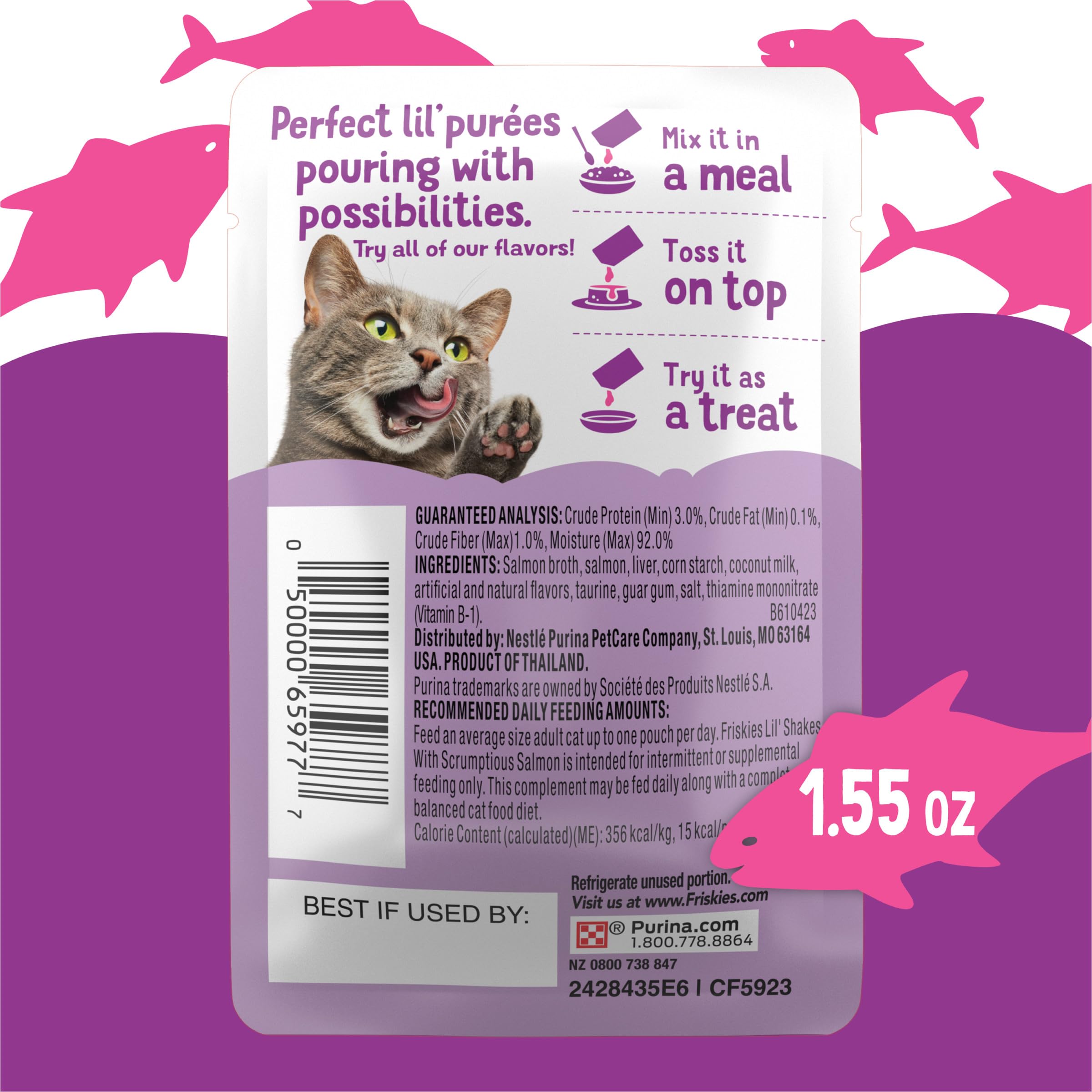 Pouch label shows 1.55 oz serving size for Lil’ Shakes