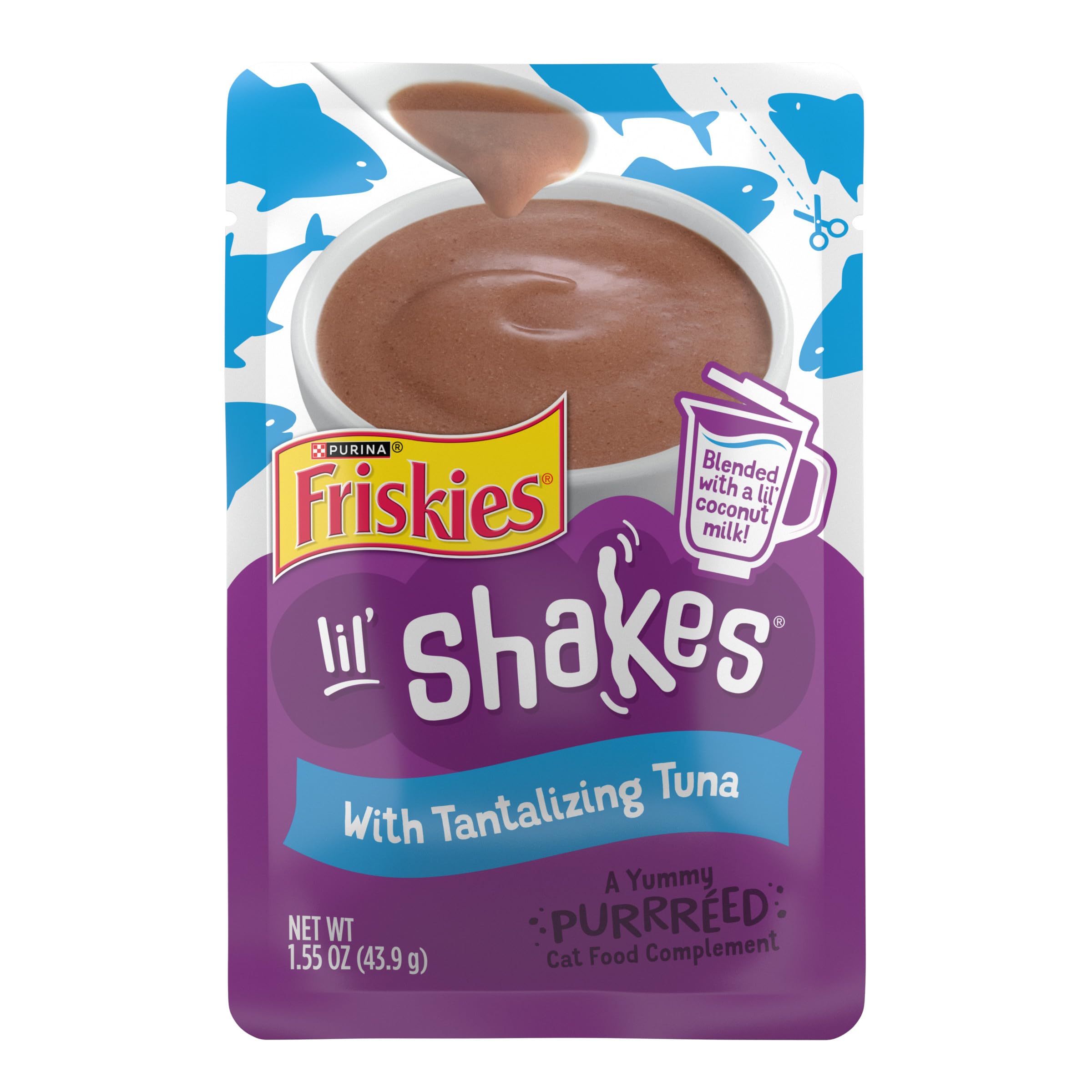 Friskies Lil' Shakes tuna puree topper shown for lickable cat treats.