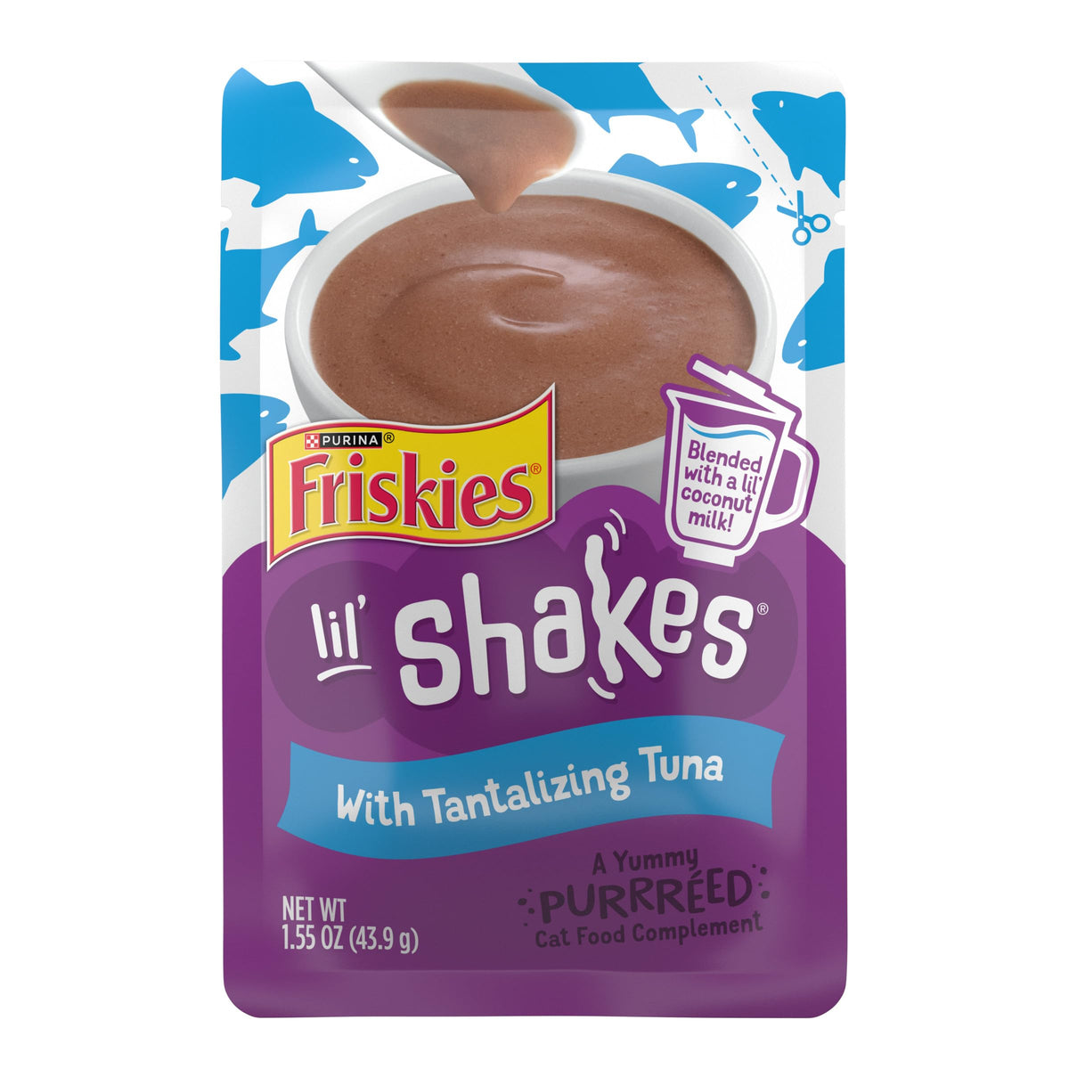 Friskies Lil' Shakes tuna puree topper shown for lickable cat treats.