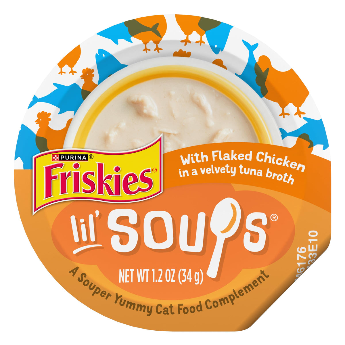 Friskies Lil' Soups flaked chicken tub featuring real chicken for a tasty treat
