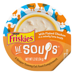 Friskies Lil' Soups flaked chicken tub featuring real chicken for a tasty treat