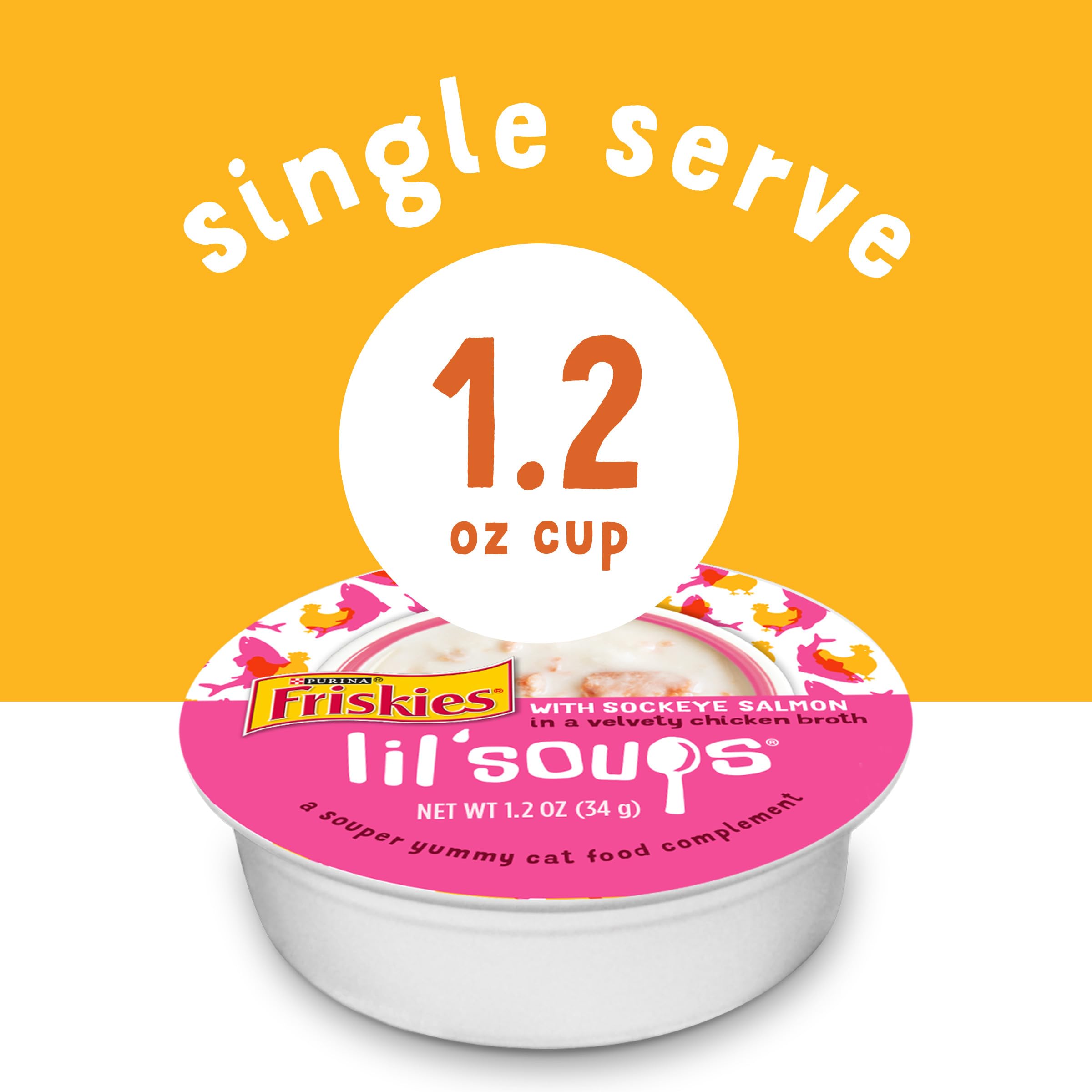 Friskies Lil' Soups grain-free broth emphasizes rich flavor without grains.