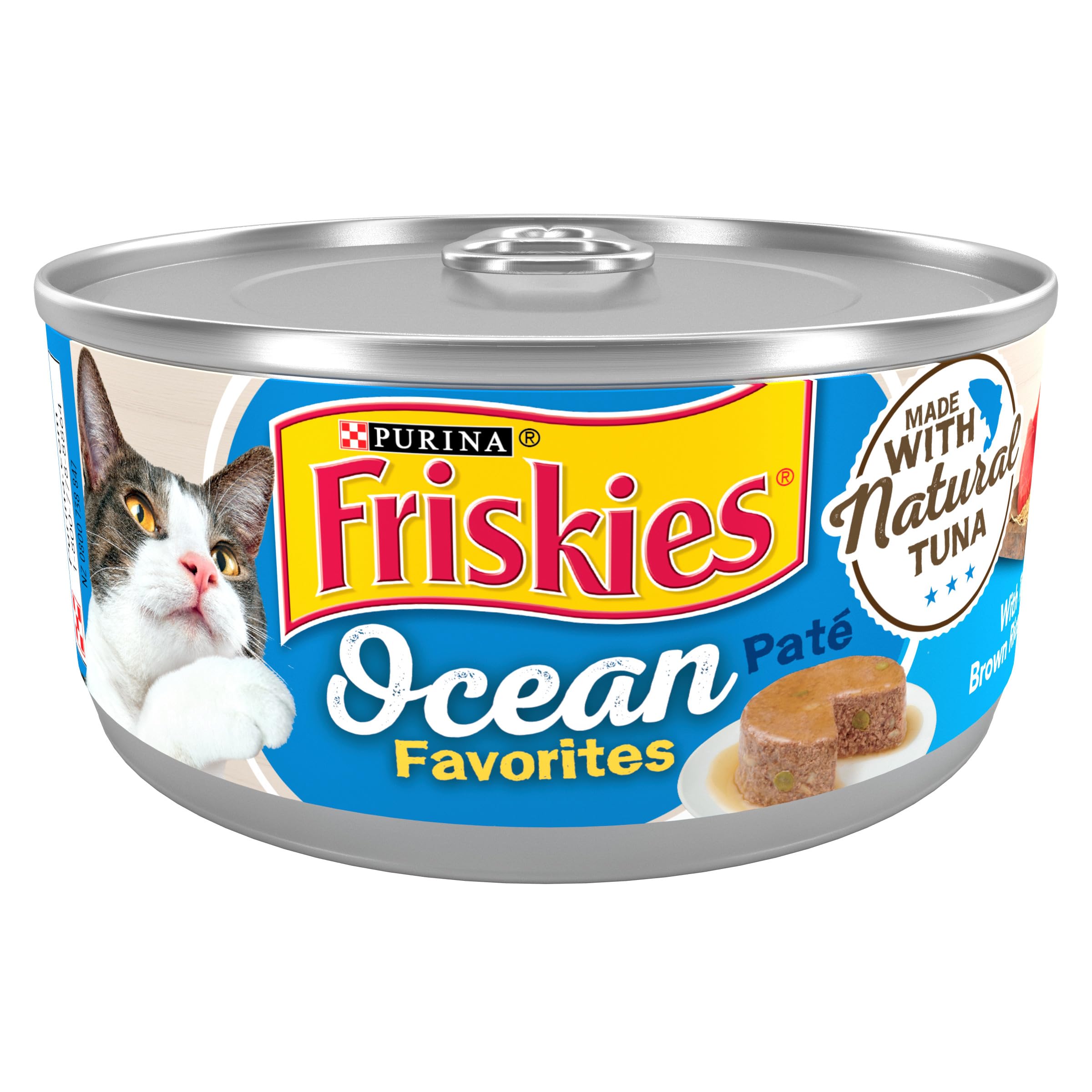 Friskies Ocean Favorites pate can front view highlighting natural tuna aroma for cats.
