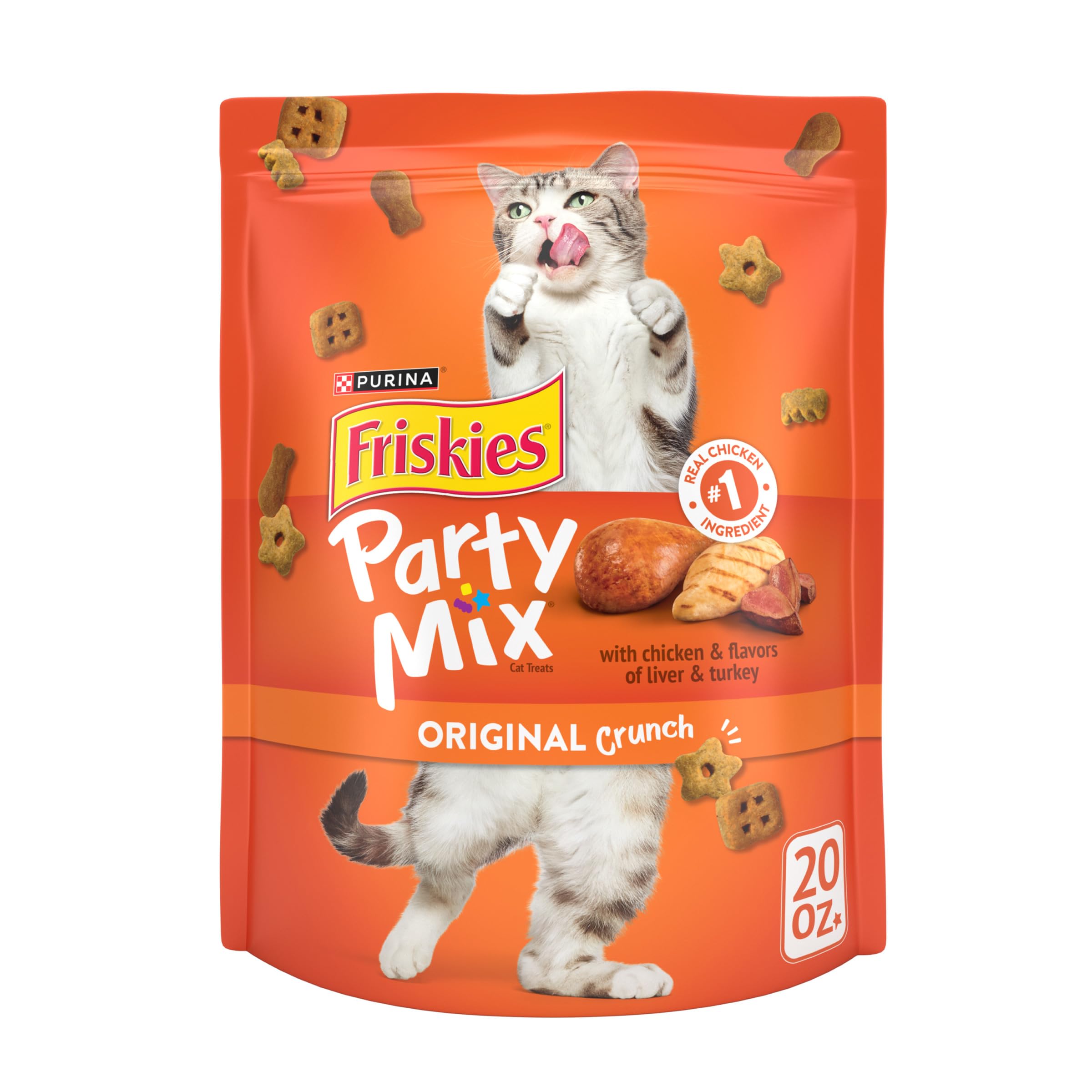 Friskies Party Mix Original Crunch bag closeup, 20 oz pouch, ideal for between-meal rewards.