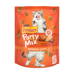 Friskies Party Mix Original Crunch bag closeup, 20 oz pouch, ideal for between-meal rewards.