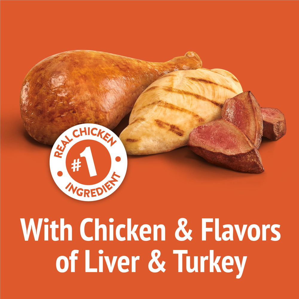 Friskies Party Mix Original Crunch chicken flavor shown as the top ingredient.