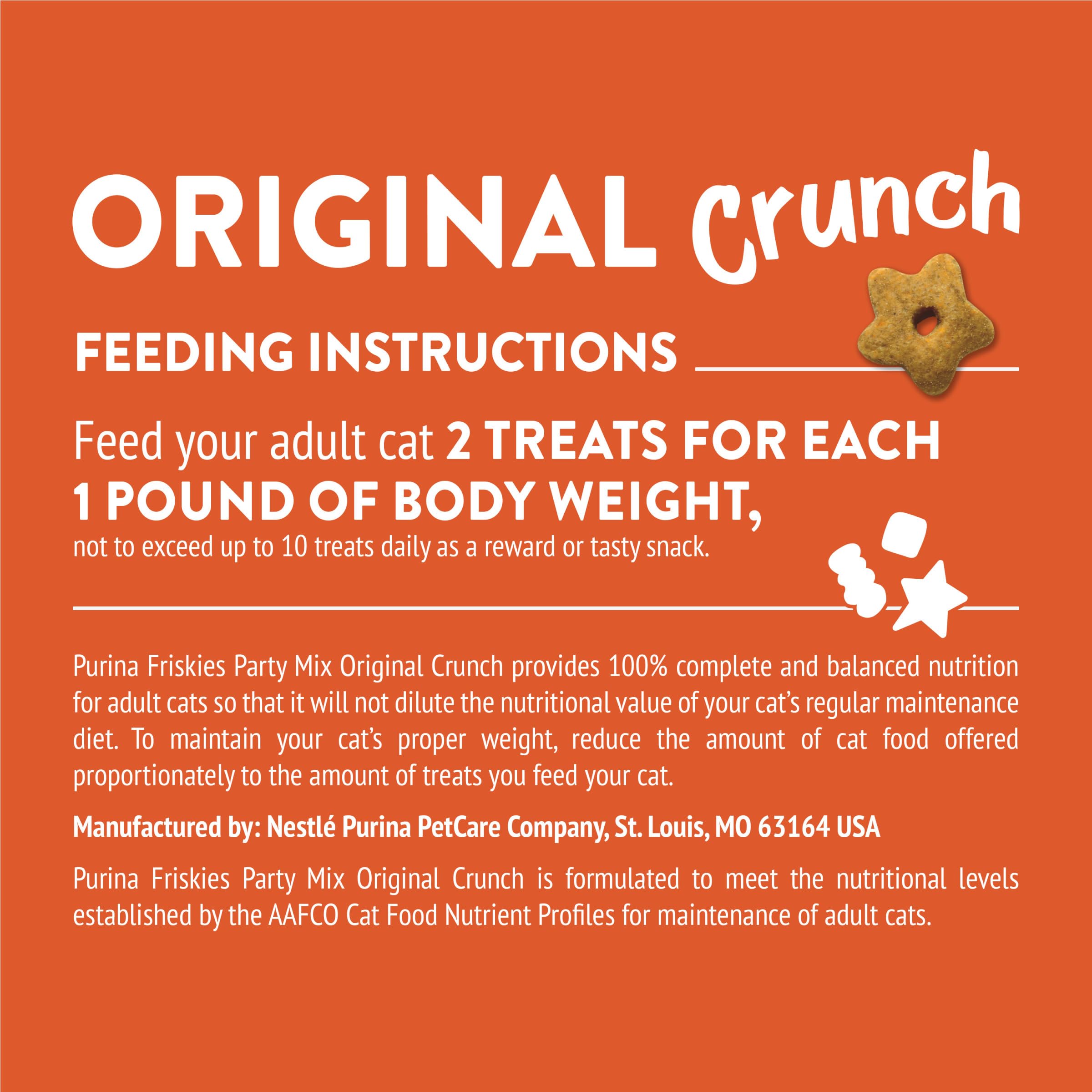 Friskies Party Mix Original Crunch served in dish as a between-meal reward.