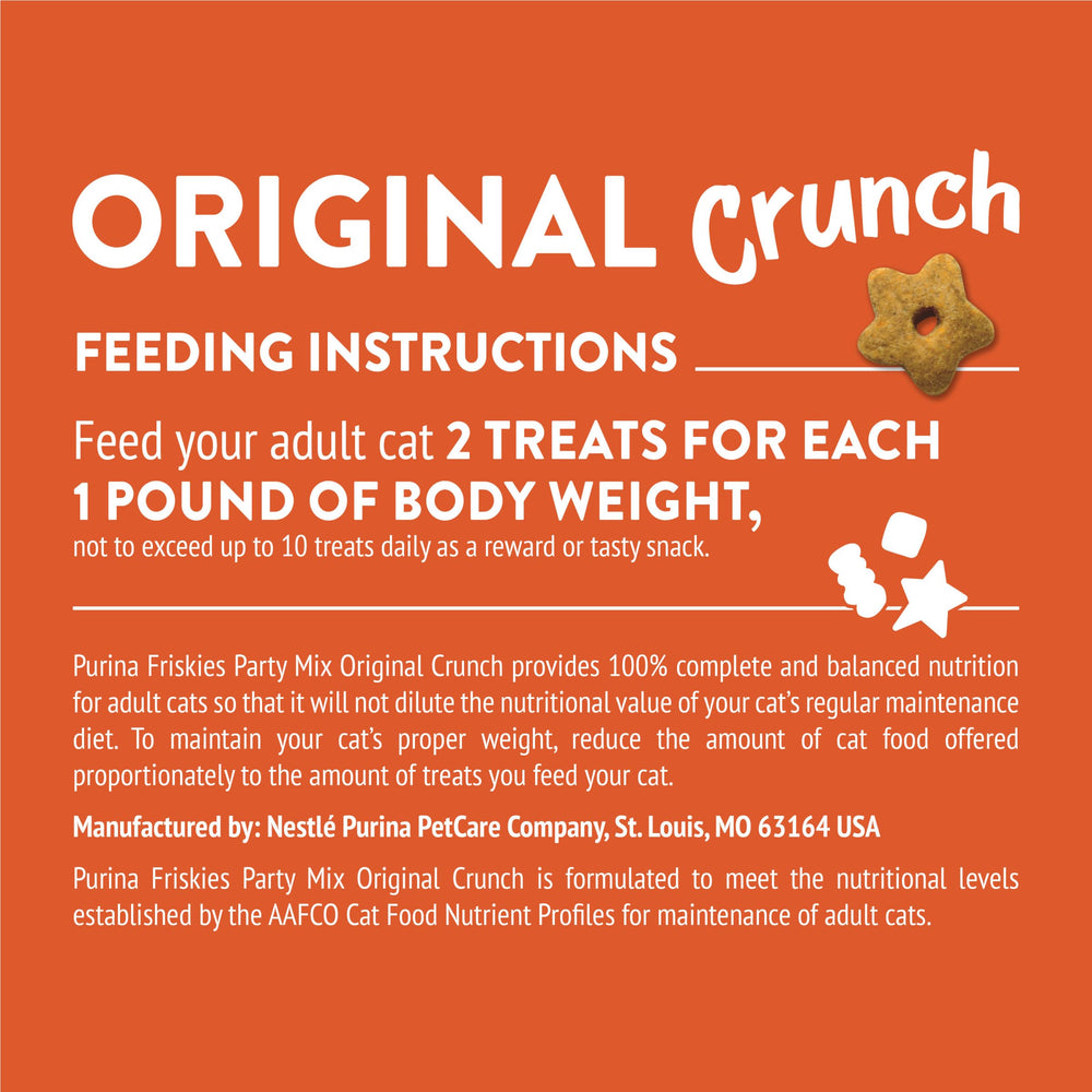 Friskies Party Mix Original Crunch served in dish as a between-meal reward.