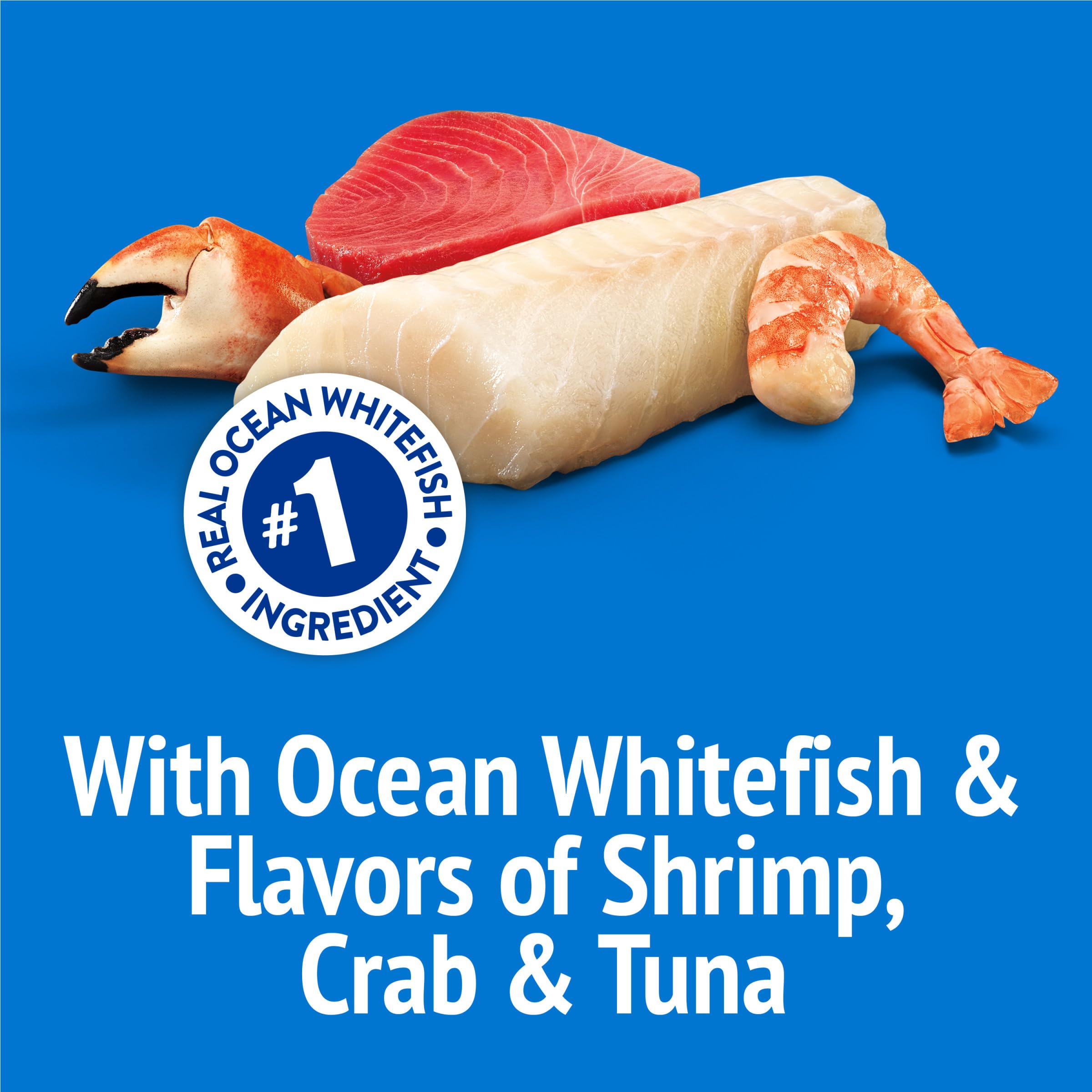 Friskies Party Mix offers shrimp, crab, and tuna flavors to enrich snacking variety.