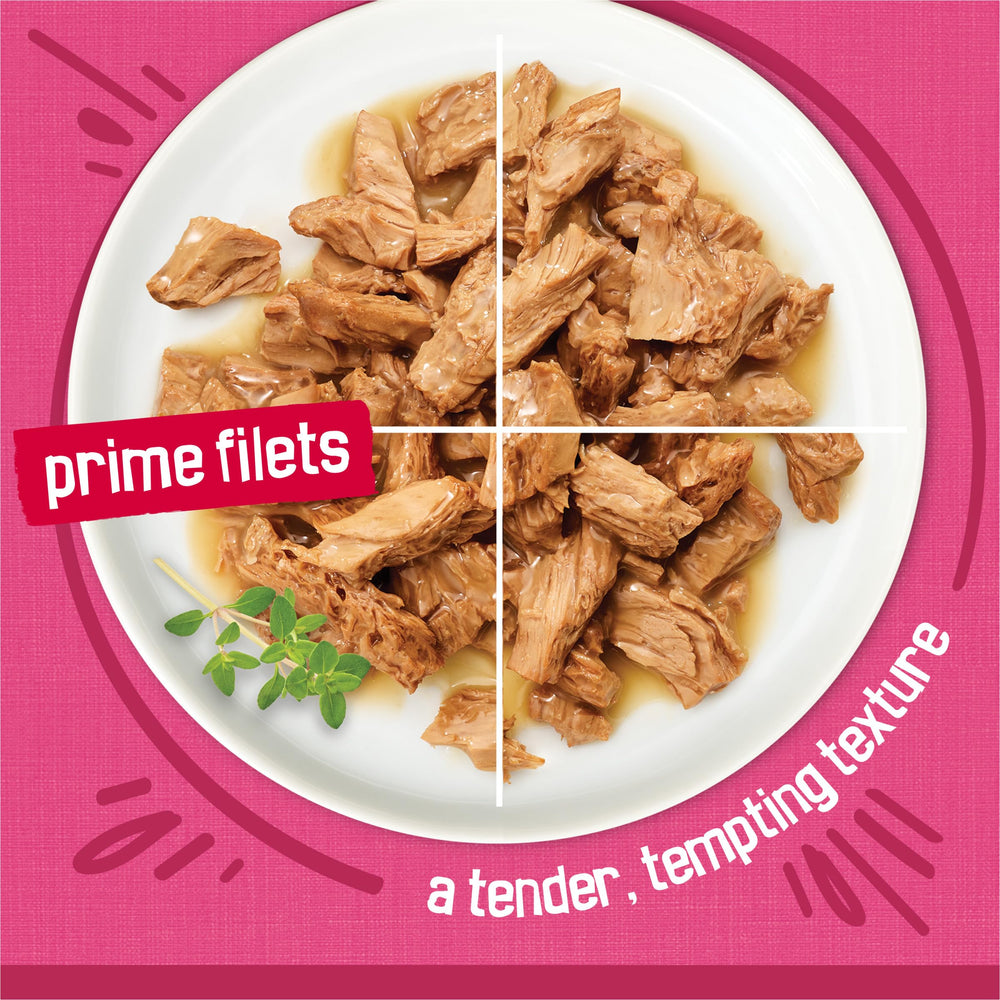 Friskies Prime Filets shredded chunks texture shown in can imagery
