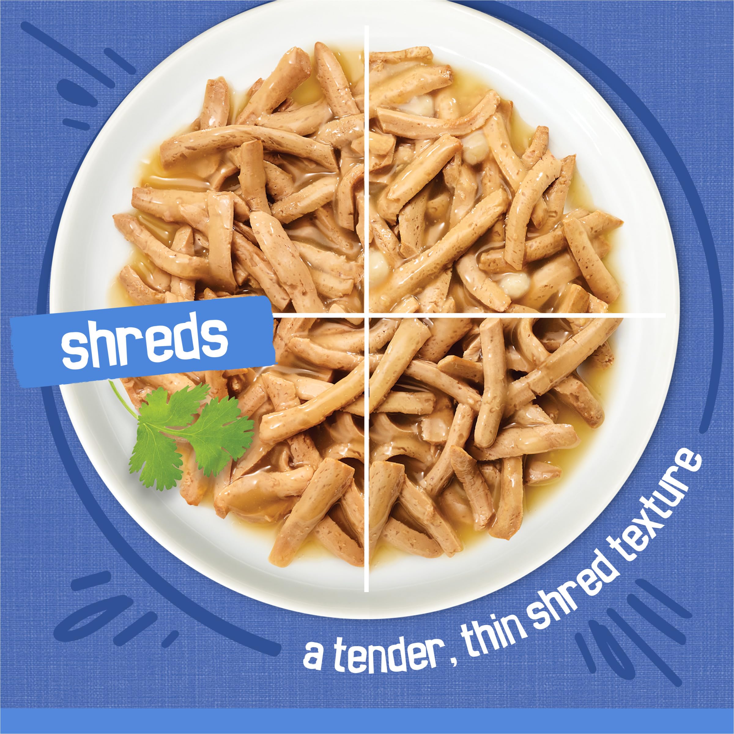 Friskies Shreds Beef in Gravy close-up with glossy sauce and meaty shreds.