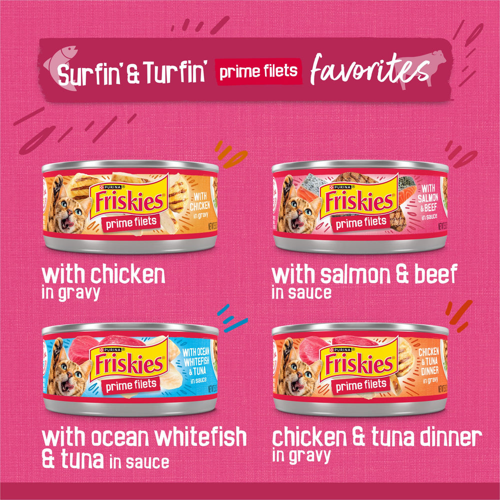 Friskies Surfin’ and Turfin’ Prime Filets gravy can closeup with savory sauce