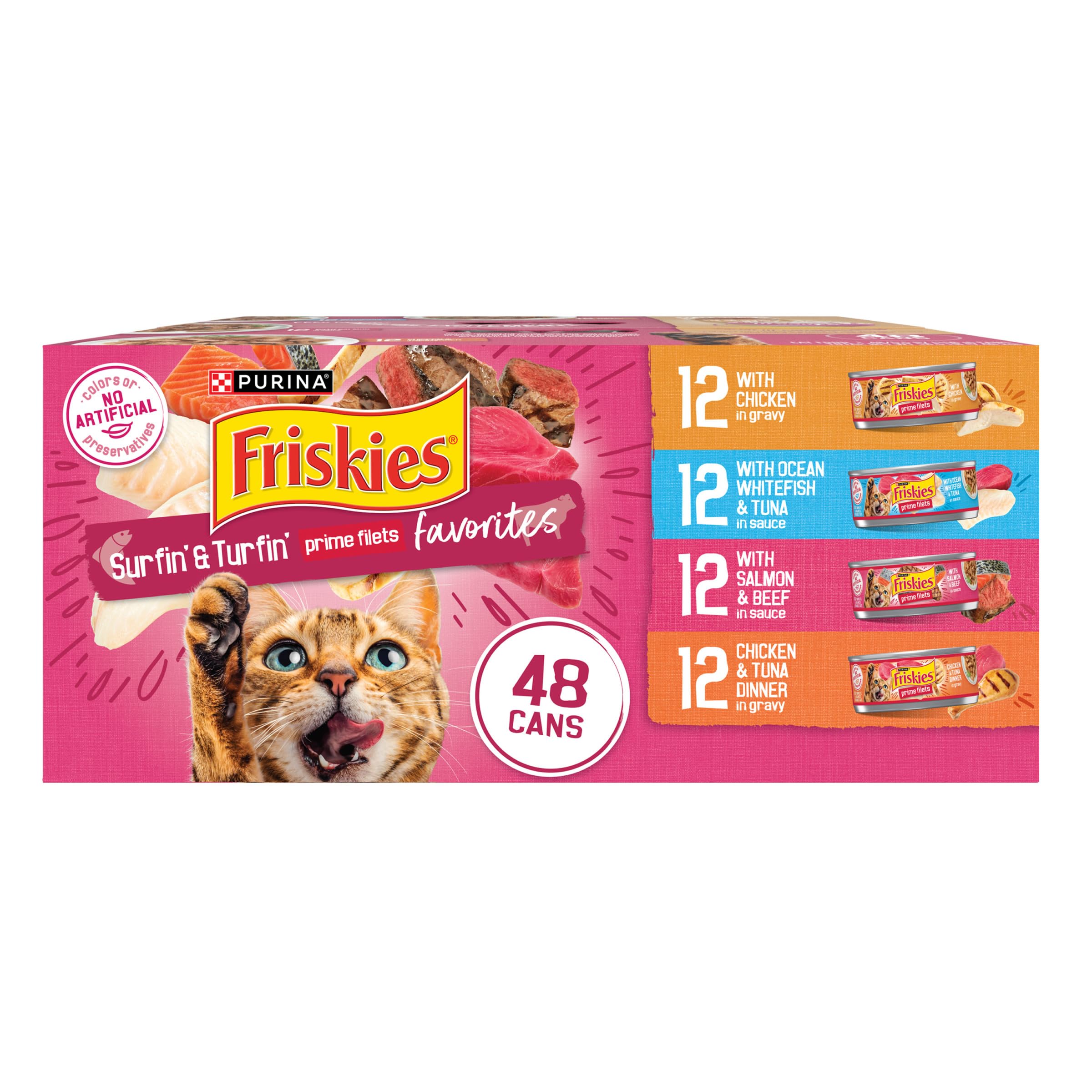 Friskies Surfin’ and Turfin’ Prime Filets variety pack can on shelf for easy feeding