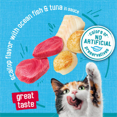 Friskies Tasty Treasures moist sauce enhances flavor and hydration