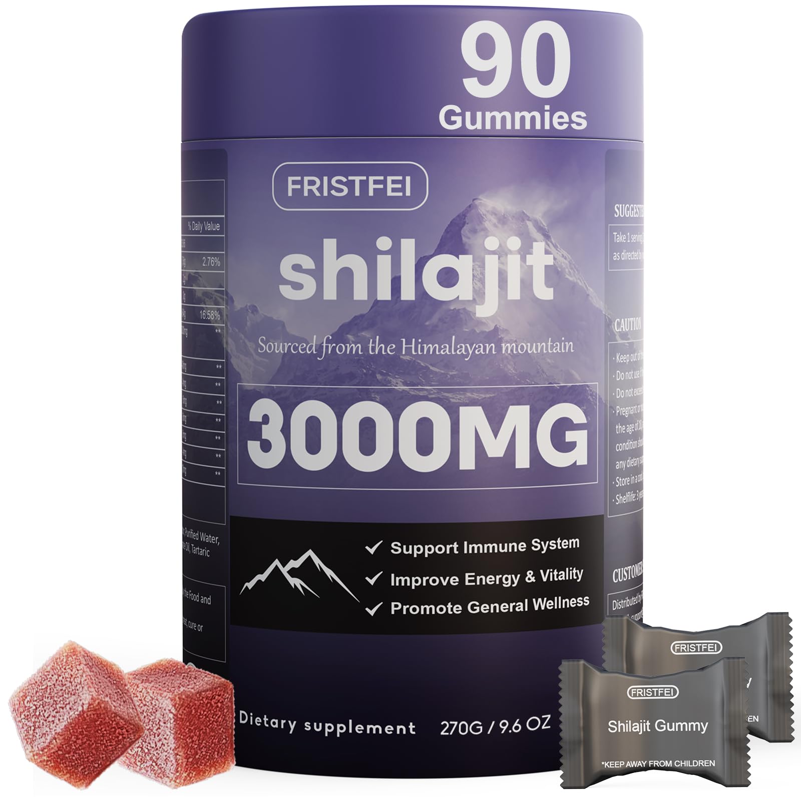Fristfei Pure Himalayan Shilajit Gummies packaging highlights premium mineral-rich formula for daily use.