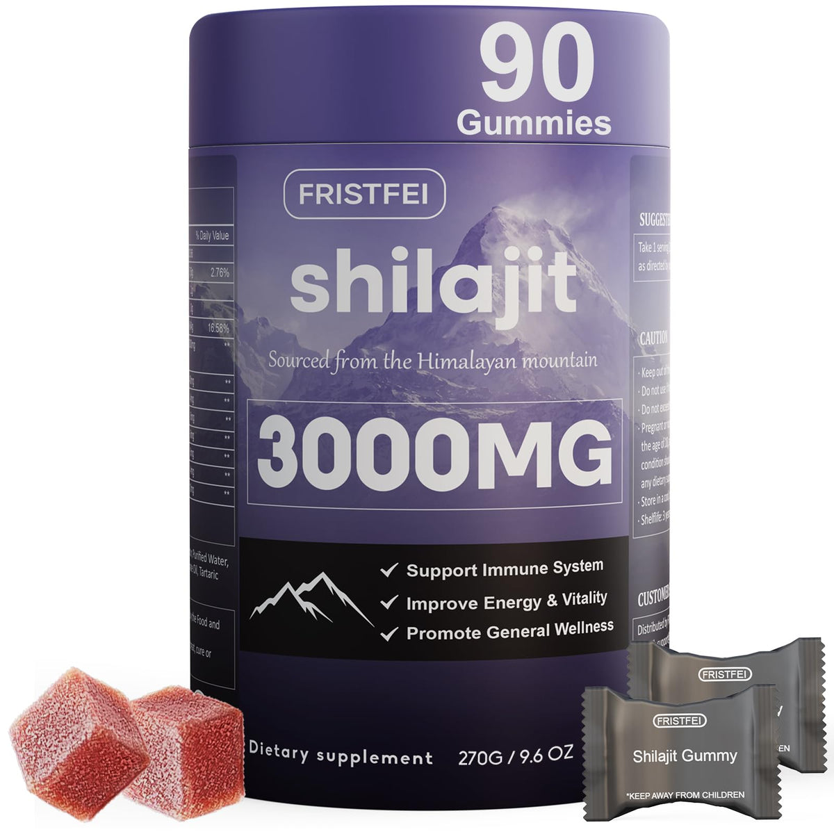 Fristfei Pure Himalayan Shilajit Gummies packaging highlights premium mineral-rich formula for daily use.