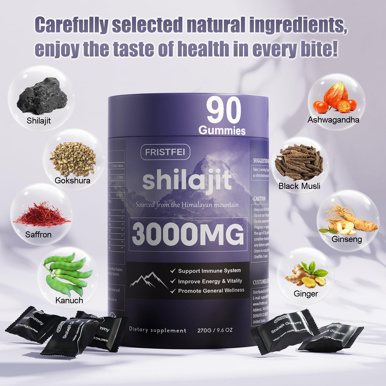 Fristfei Shilajit Gummies bottle with dosage cap for easy daily dosing for men and women.