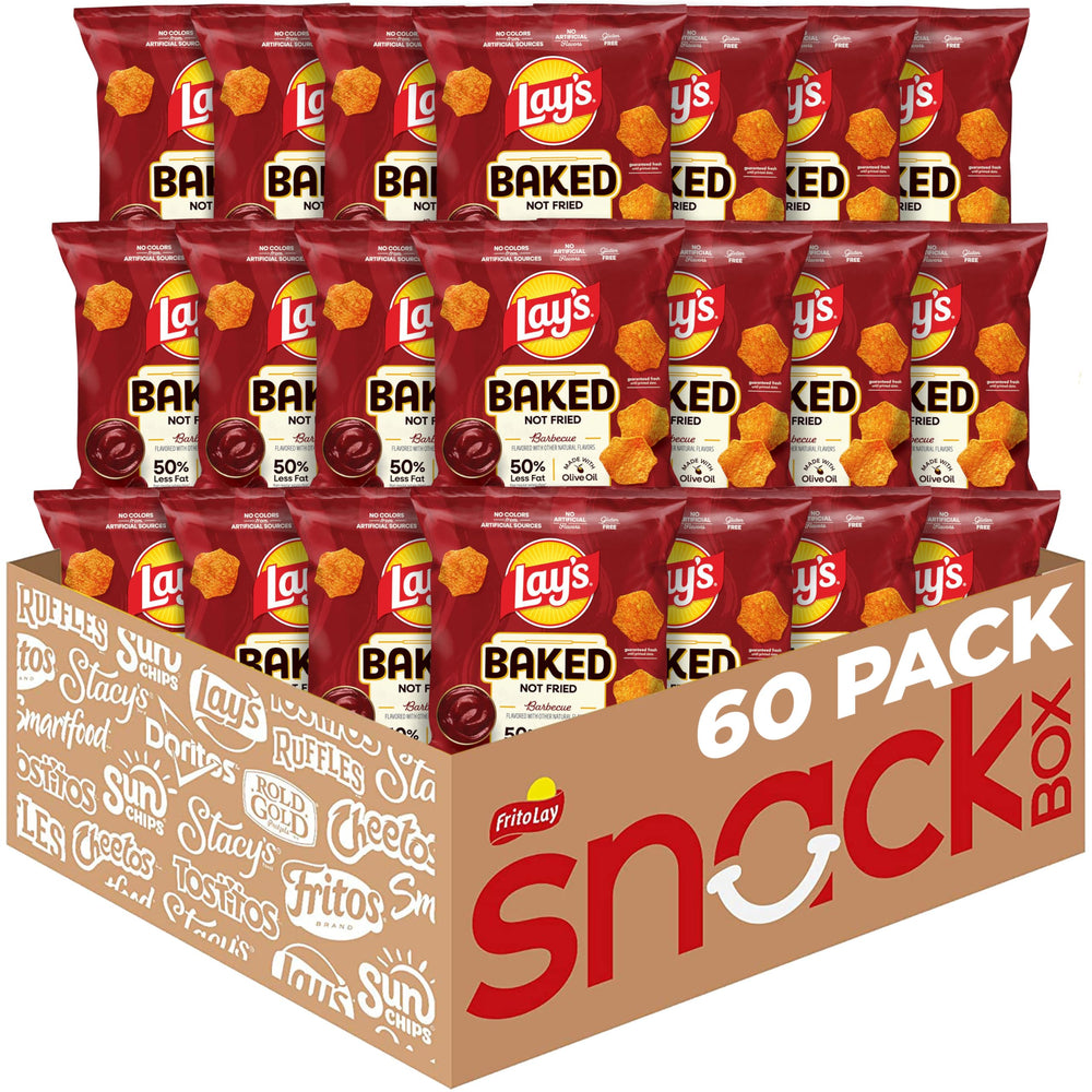 Frito-Lay Baked Lay's Barbecue chips front view in a 60-pack for on-the-go snacking.