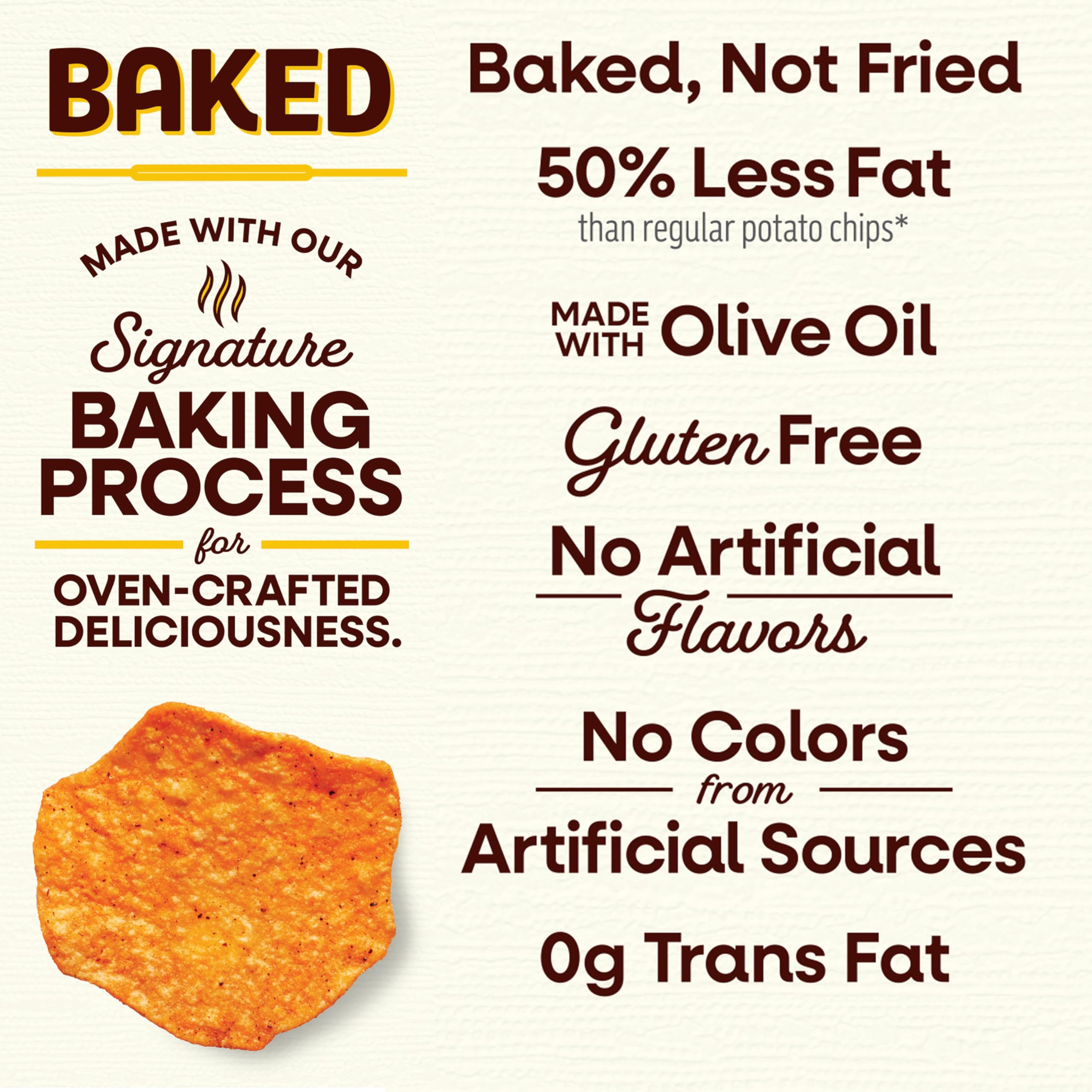 Frito-Lay Baked Lay's Barbecue chips highlighting the olive oil baking process for crispness.