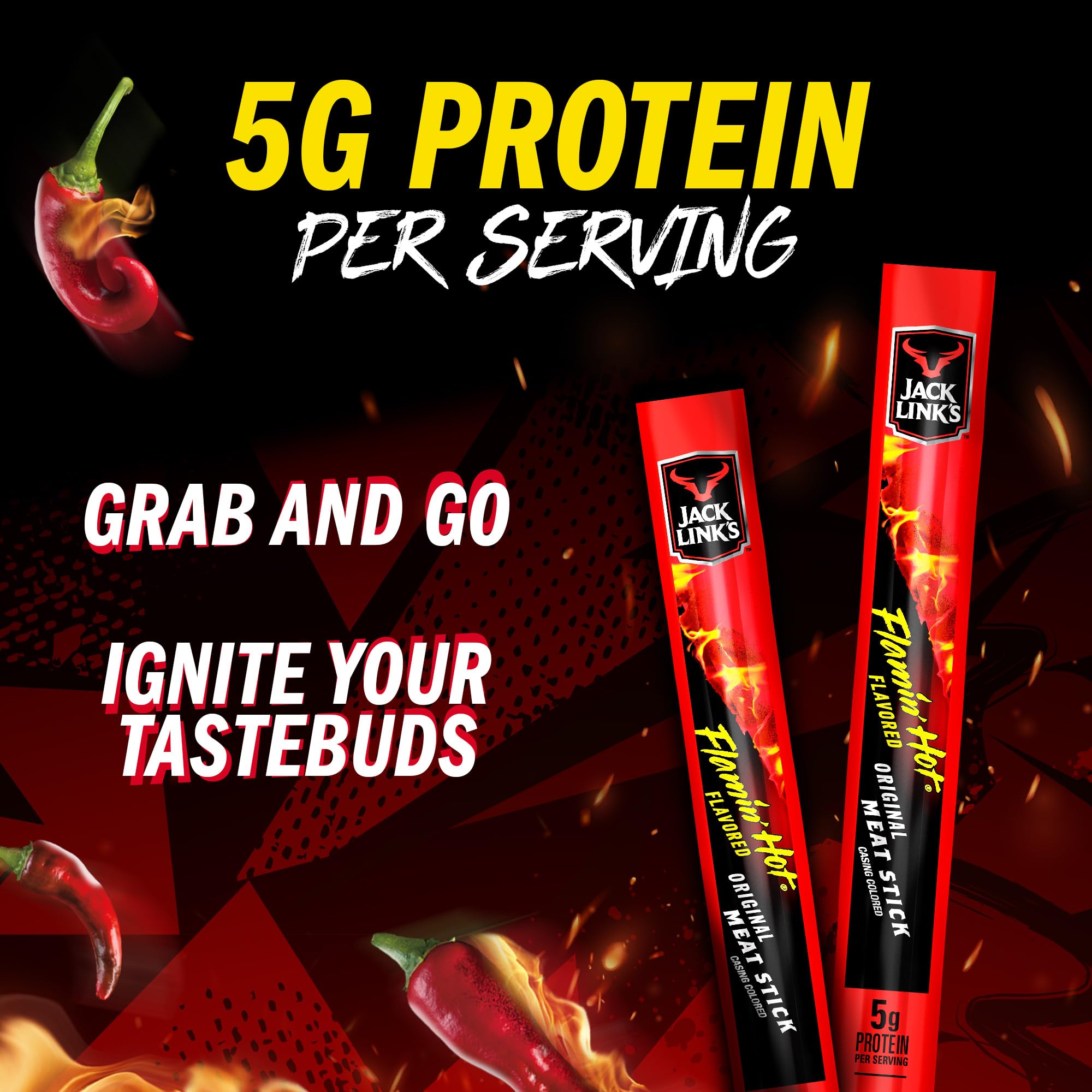 Jack Link’s Flamin’ Hot meat sticks convey bold heat and smoky flavor.