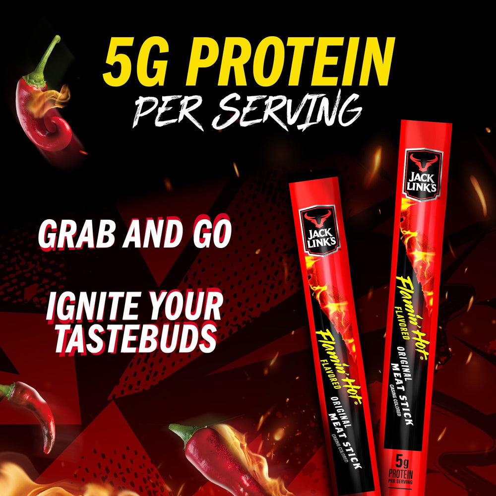 Jack Link’s Flamin’ Hot meat sticks convey bold heat and smoky flavor.