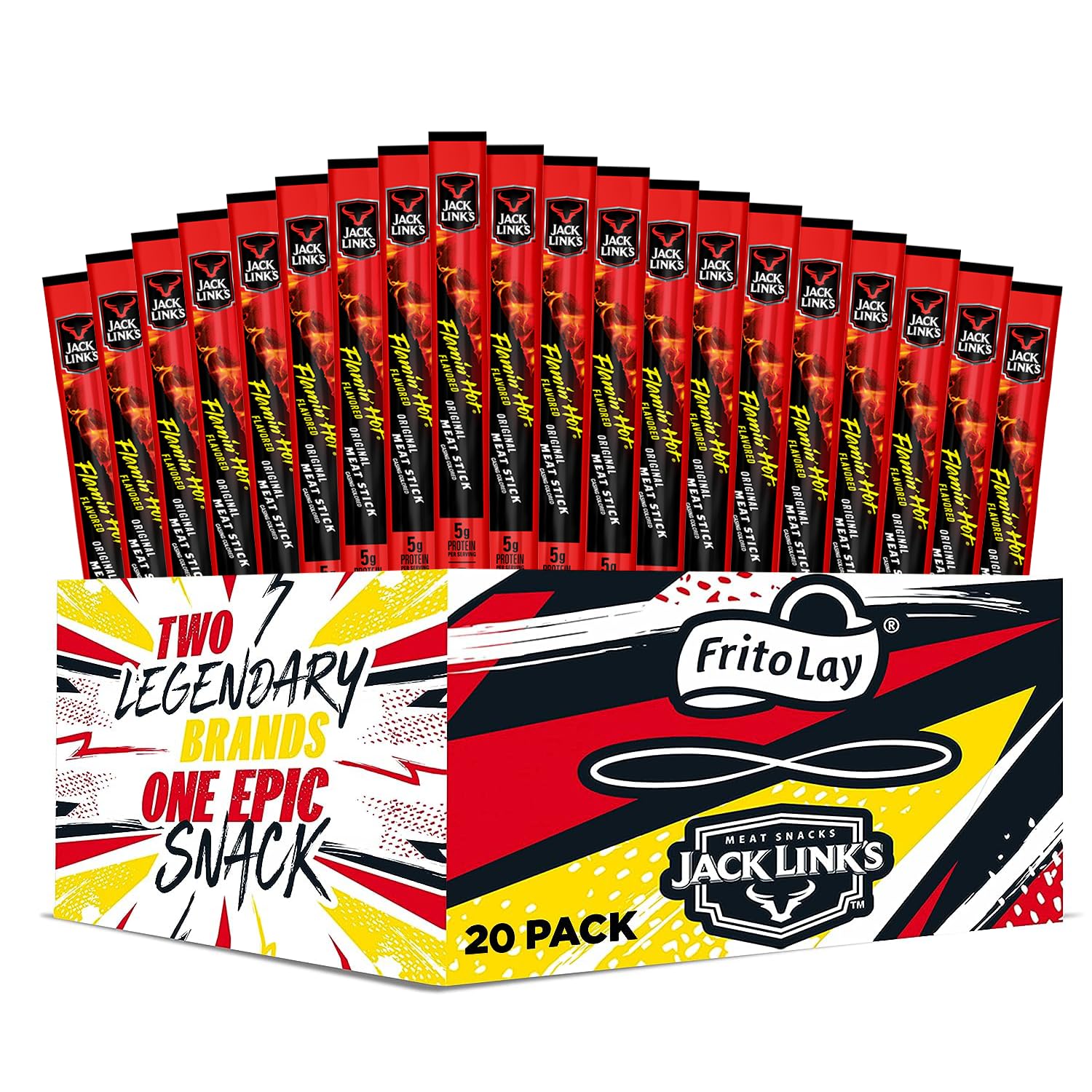 Jack Link’s Flamin’ Hot meat sticks pack of 20 with bold heat for quick snacking.