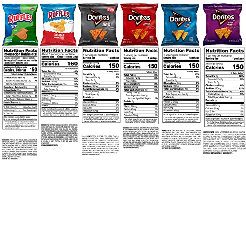 Assorted Frito-Lay Ruffles and Doritos pack side view showing variety