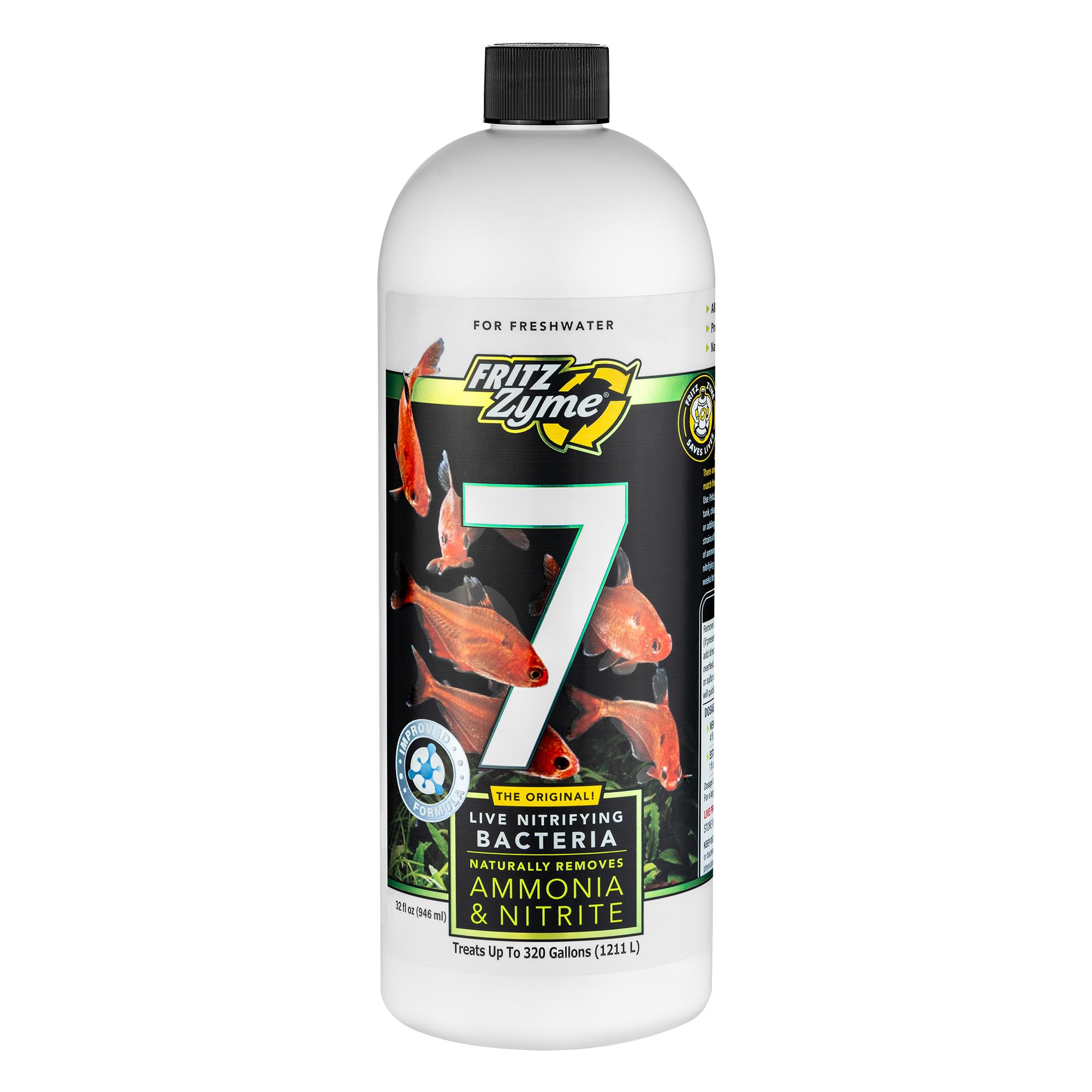 FritzZyme 7 bottle closeup showcasing live nitrifying bacteria for rapid biofilter cycling.