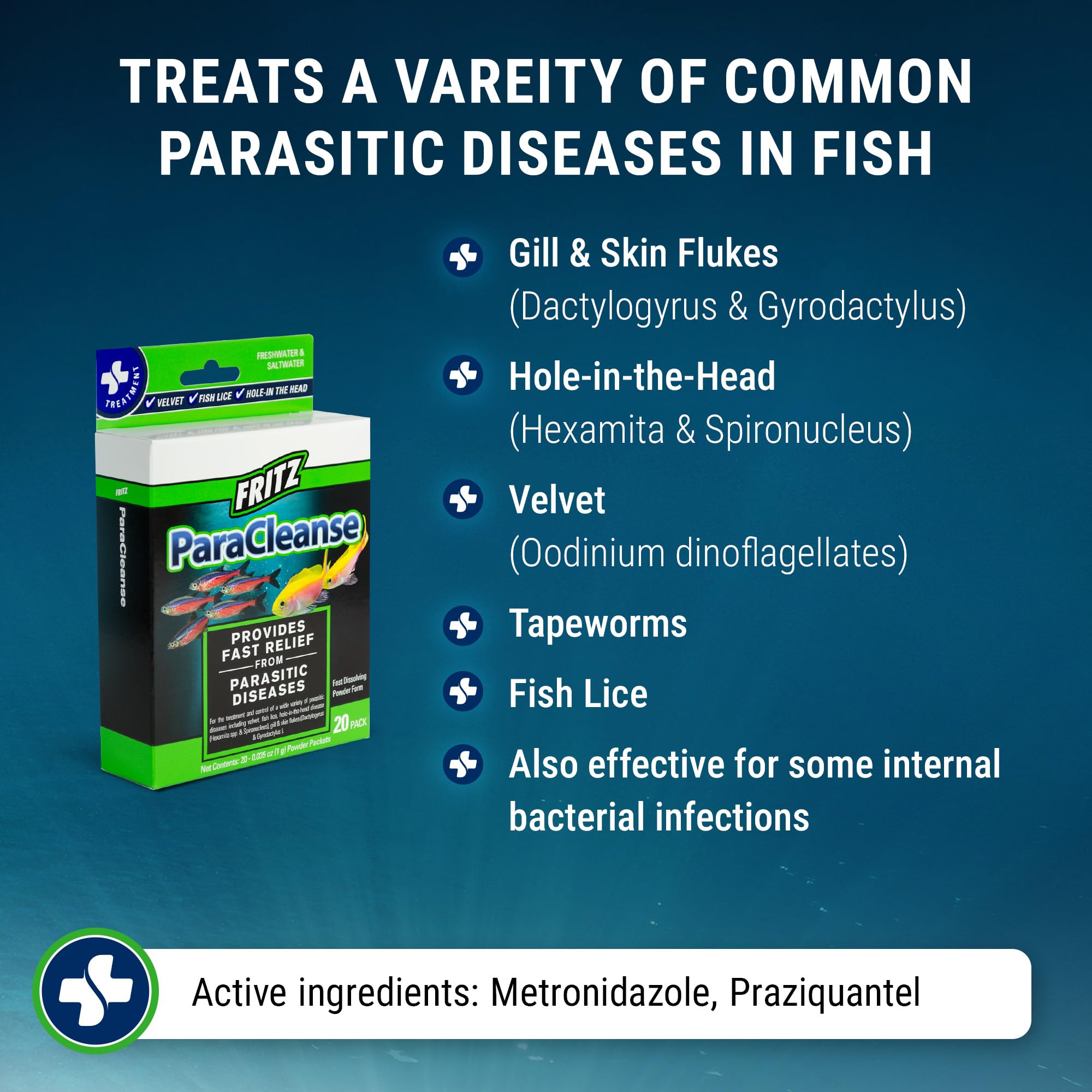 Pre-measured ParaCleanse doses simplify treatment while protecting non-target tank inhabitants
