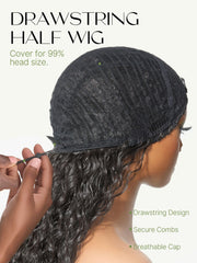 Frodio Curly Half Wig featuring invisible weft edge for seamless scalp look