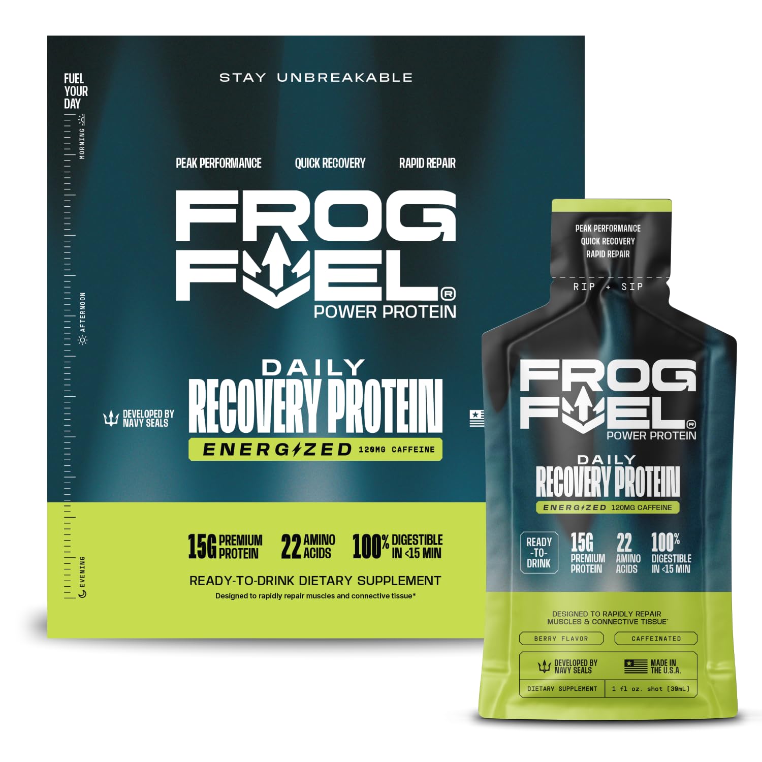 Frog Fuel Power Shot Berry bottle close-up for on-the-go energy and quick protein.