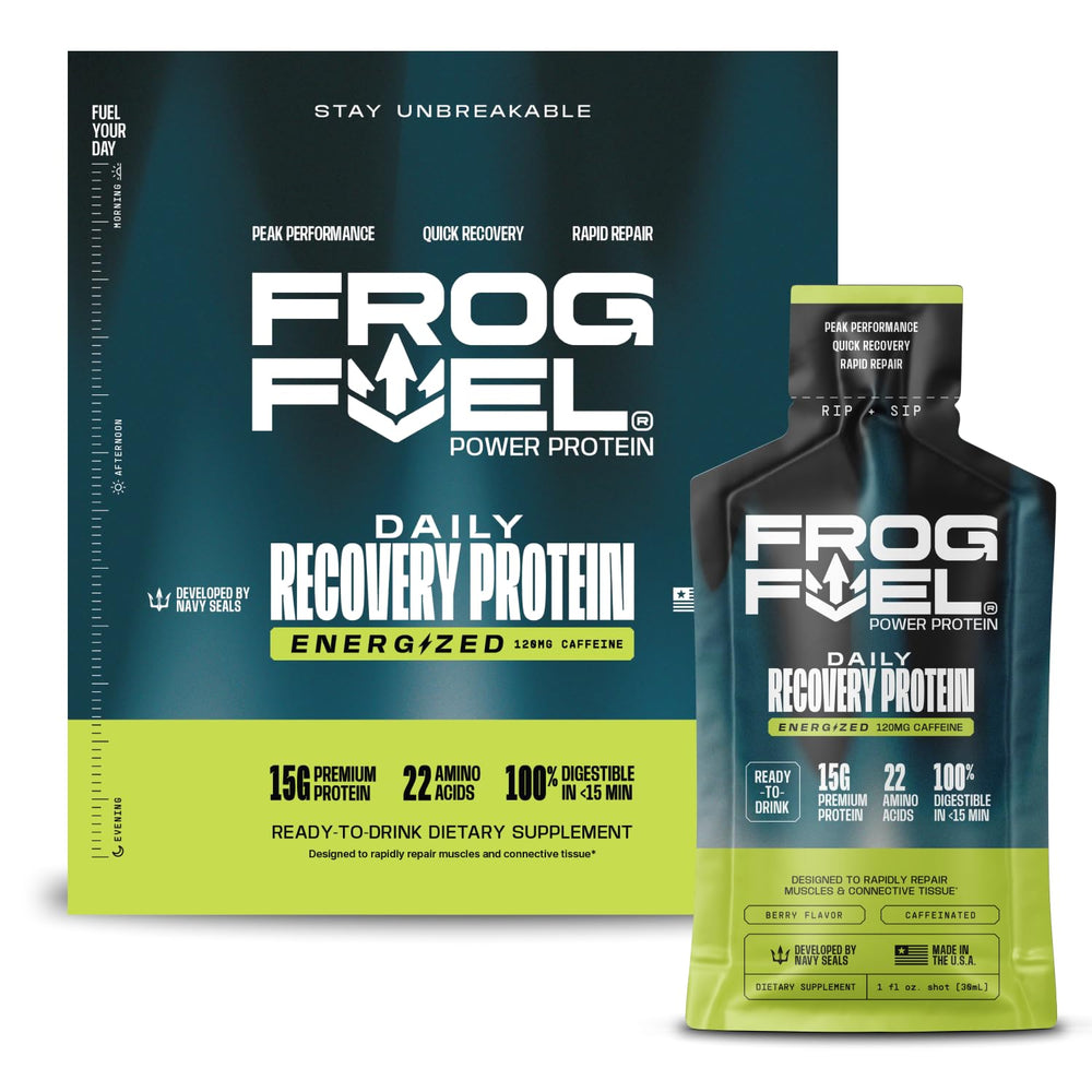 Frog Fuel Power Shot Berry bottle close-up for on-the-go energy and quick protein.