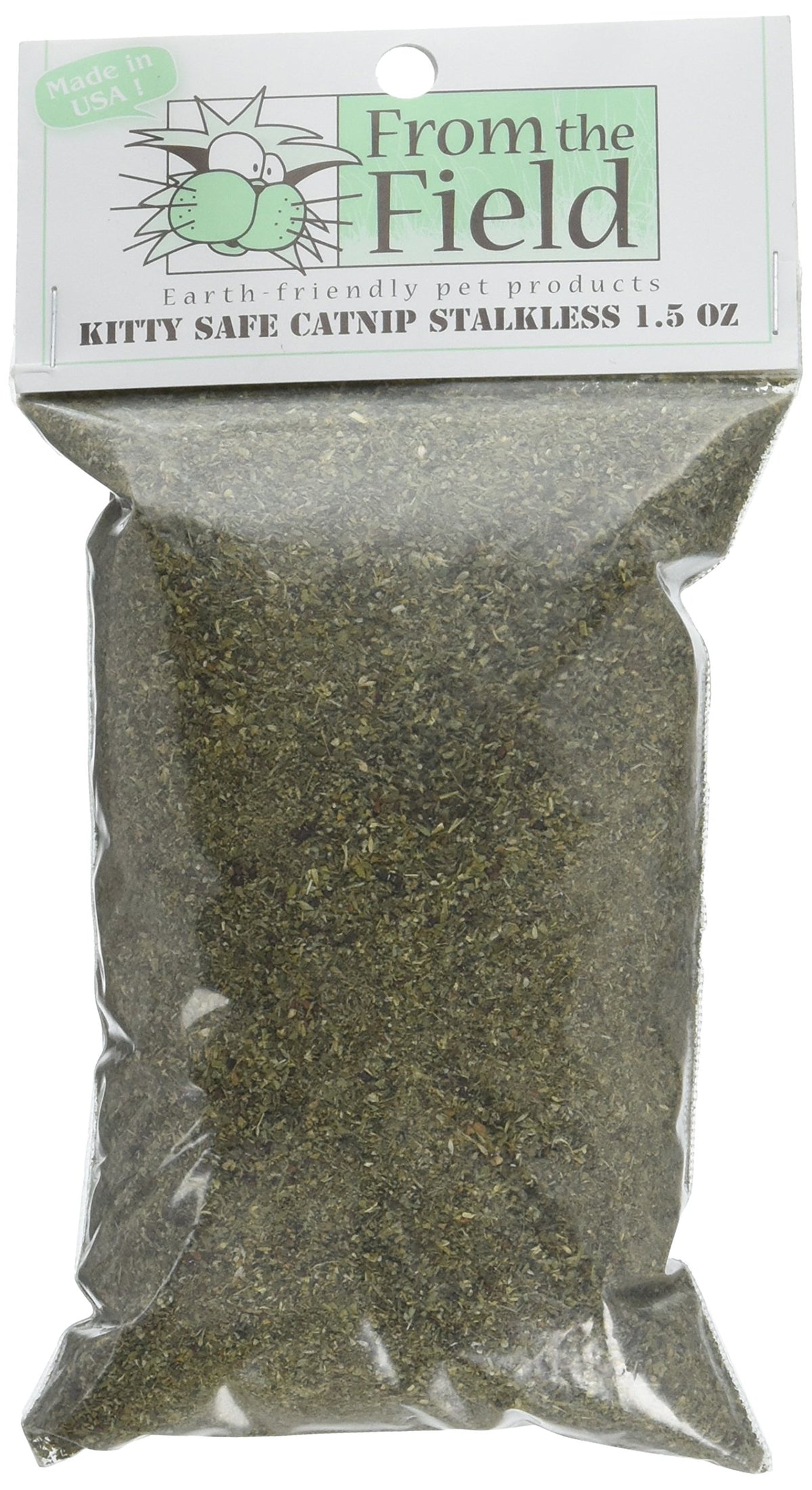 From The Field Fine Ground Stalkless Catnip packaging shows fresh USA-grown quality for cats' playtime