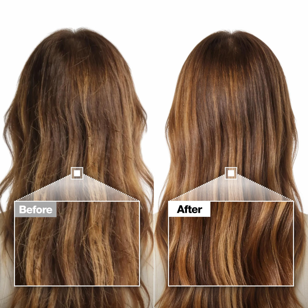 Detangling action with FROMLABS product, suggesting knot-free styling in seconds.