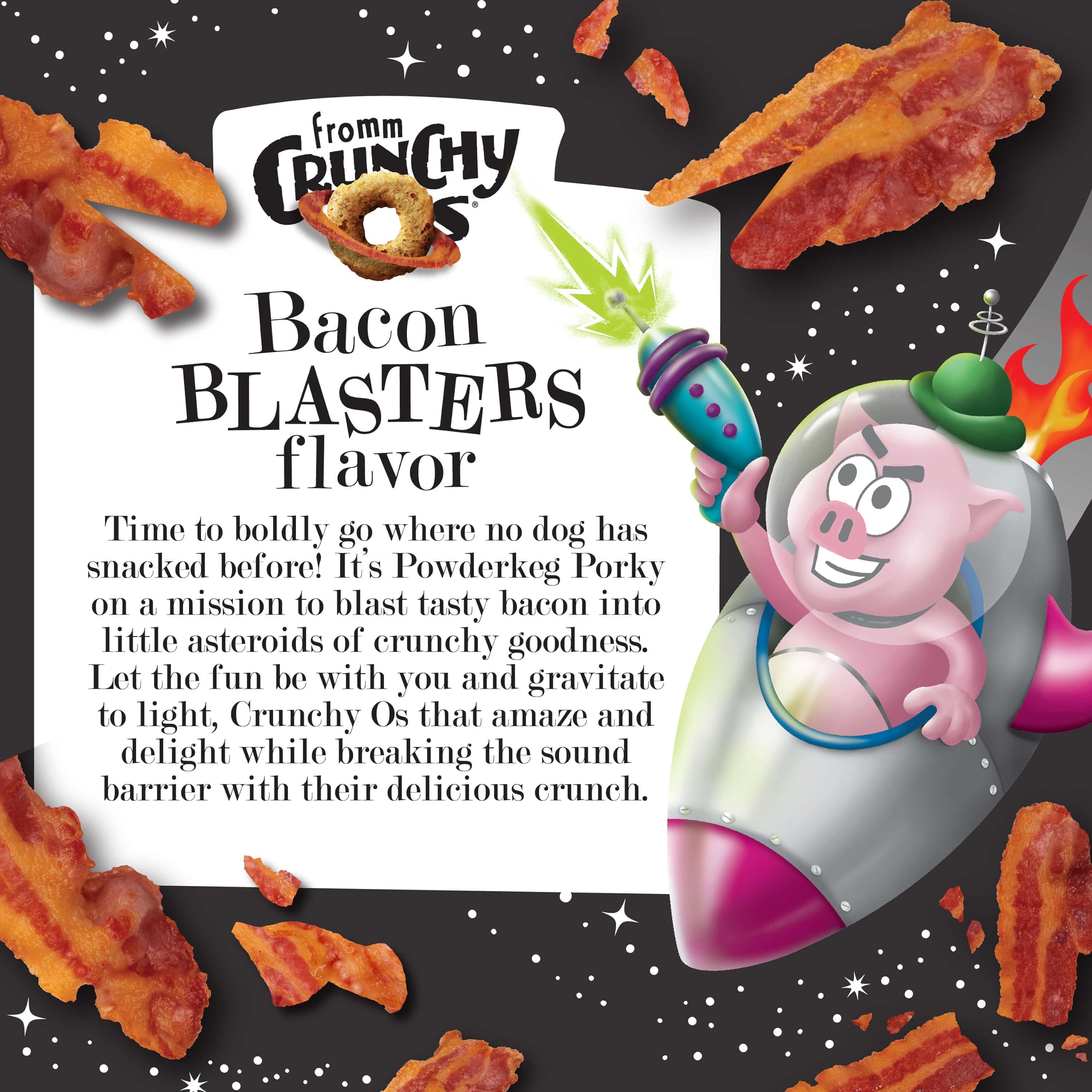 Fromm Crunchy Os Bacon Blasters bacon flavor snack close-up.