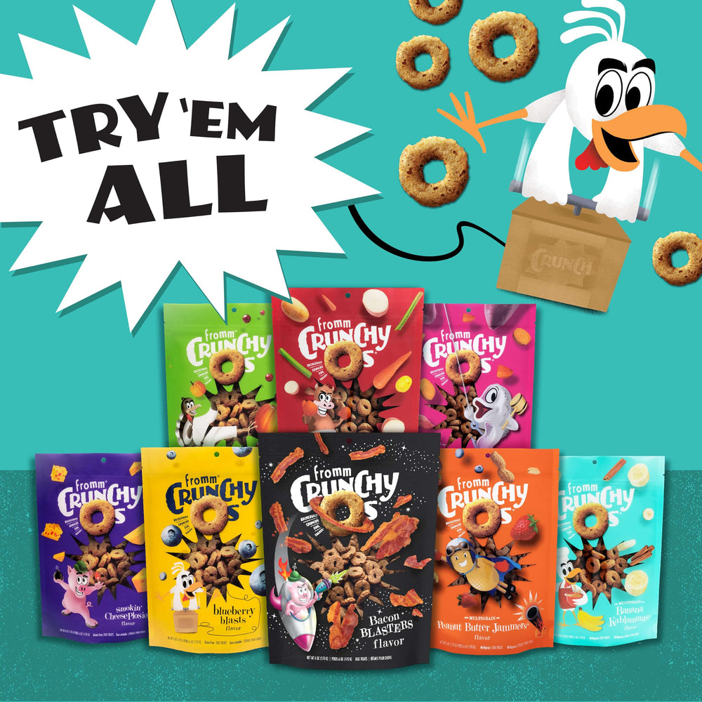 Fromm Crunchy Os Bacon Blasters on-the-go snack ready for travel.