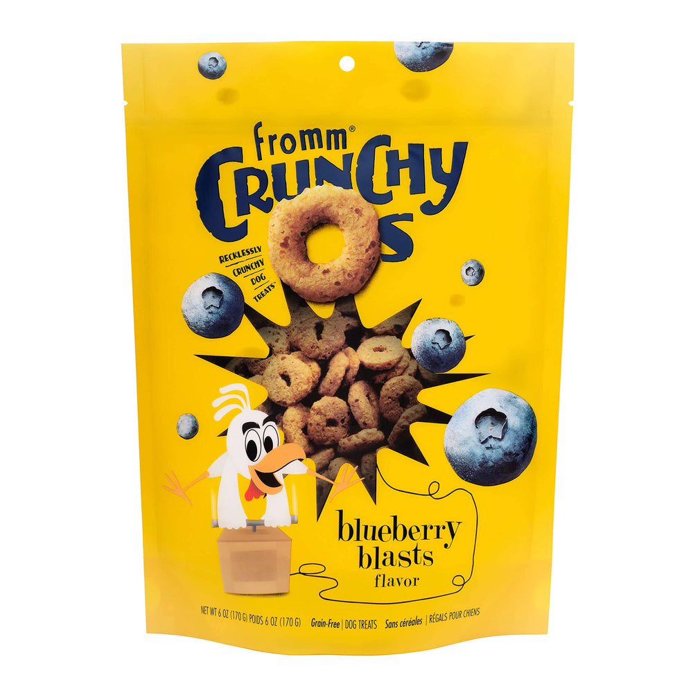 Fromm Crunchy Os Blueberry Blasts bag front, showing crunchy texture for training rewards