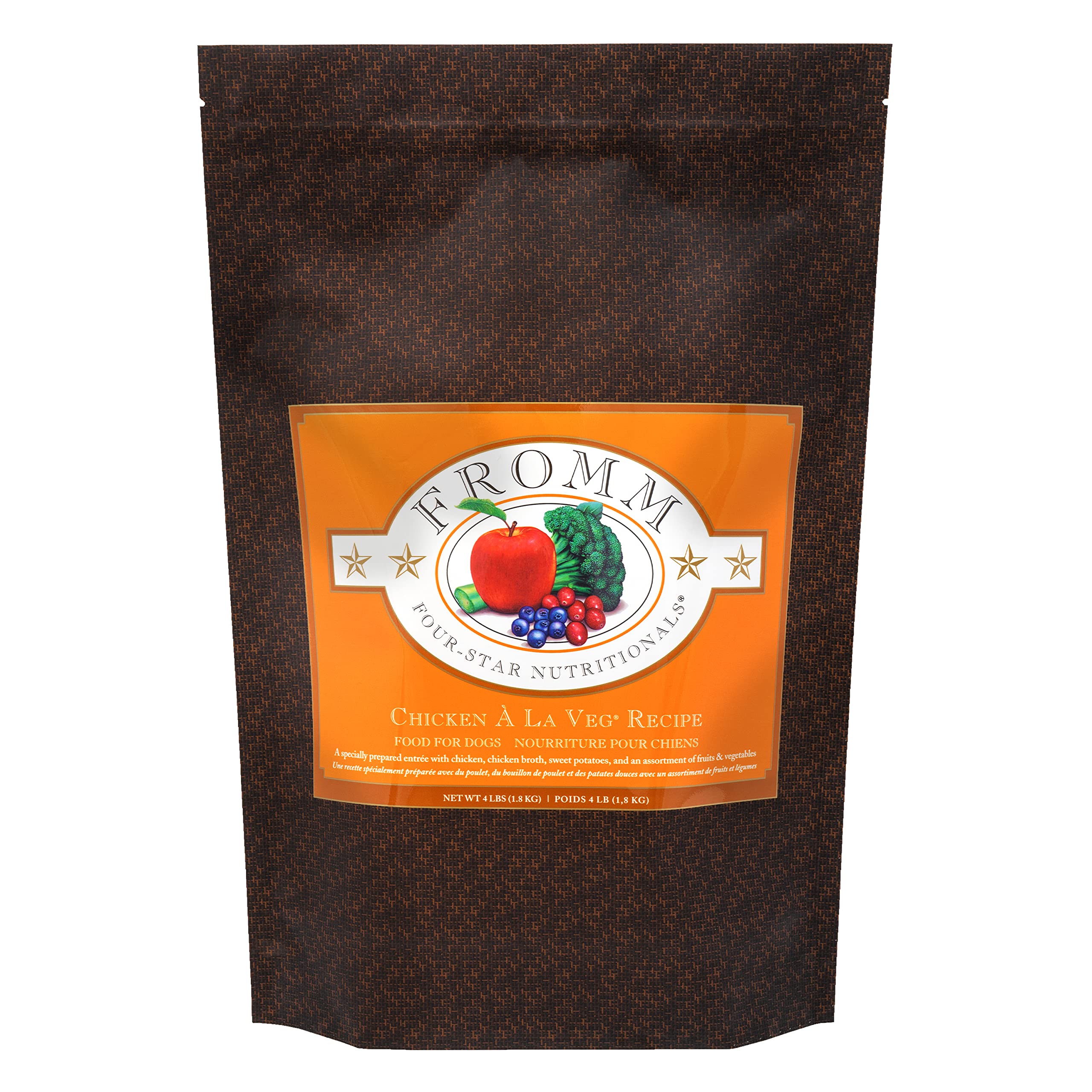 Fromm Four-Star Chicken A La Veg dog food bag with premium kibble for all life stages.