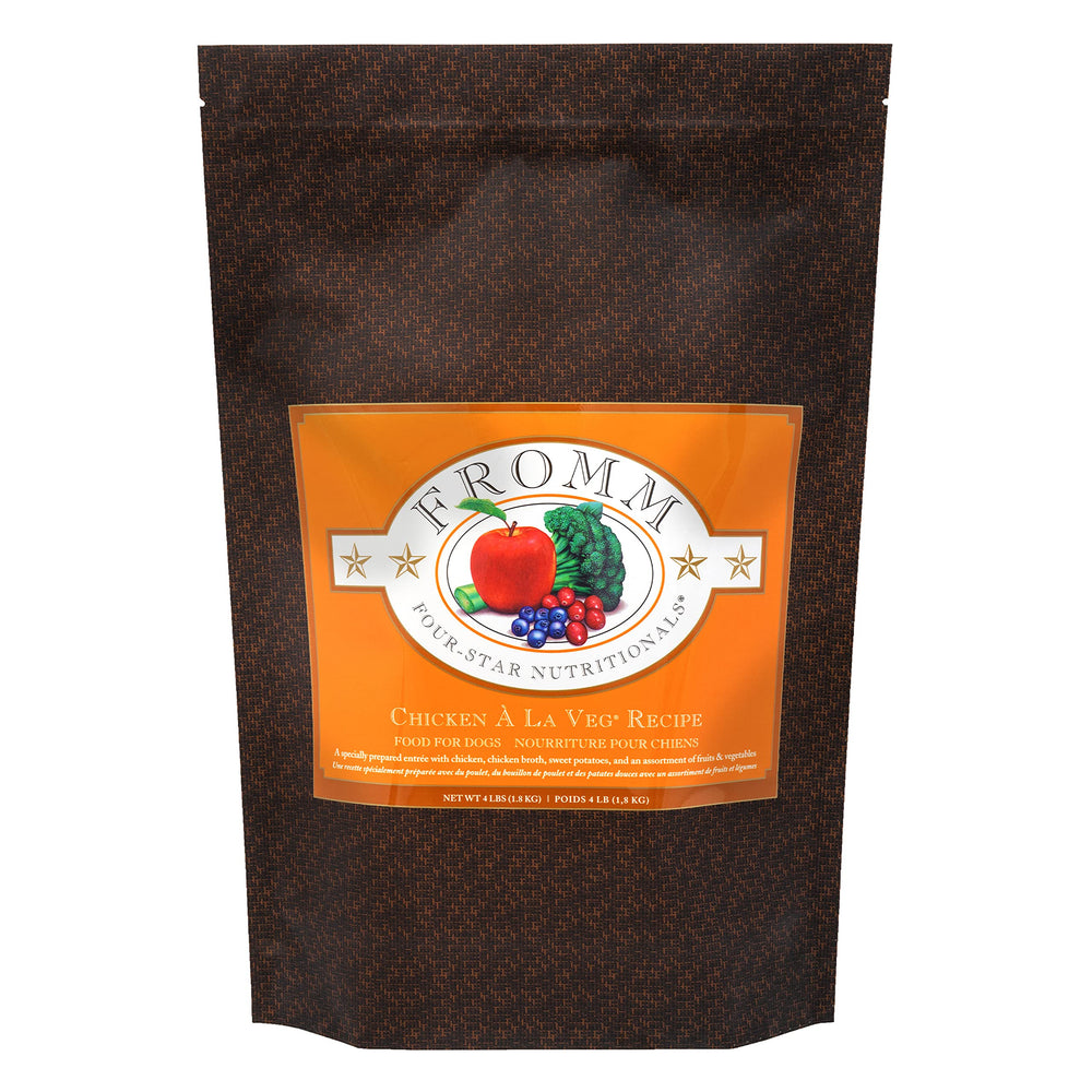 Fromm Four-Star Chicken A La Veg dog food bag with premium kibble for all life stages.