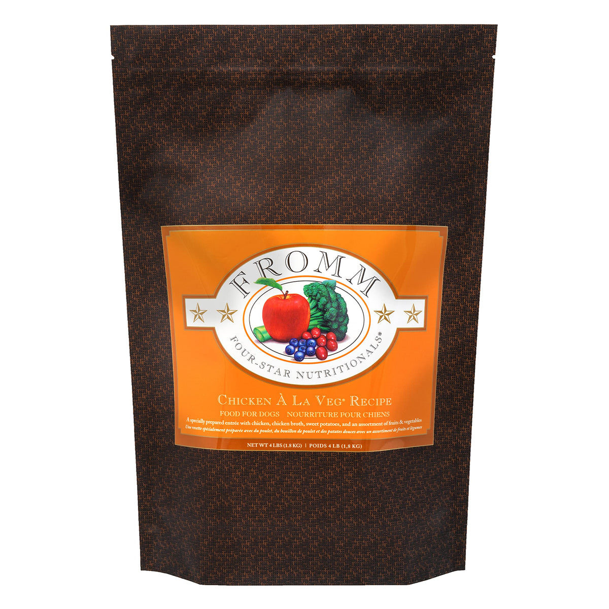 Fromm Four-Star Chicken A La Veg dog food bag with premium kibble for all life stages.