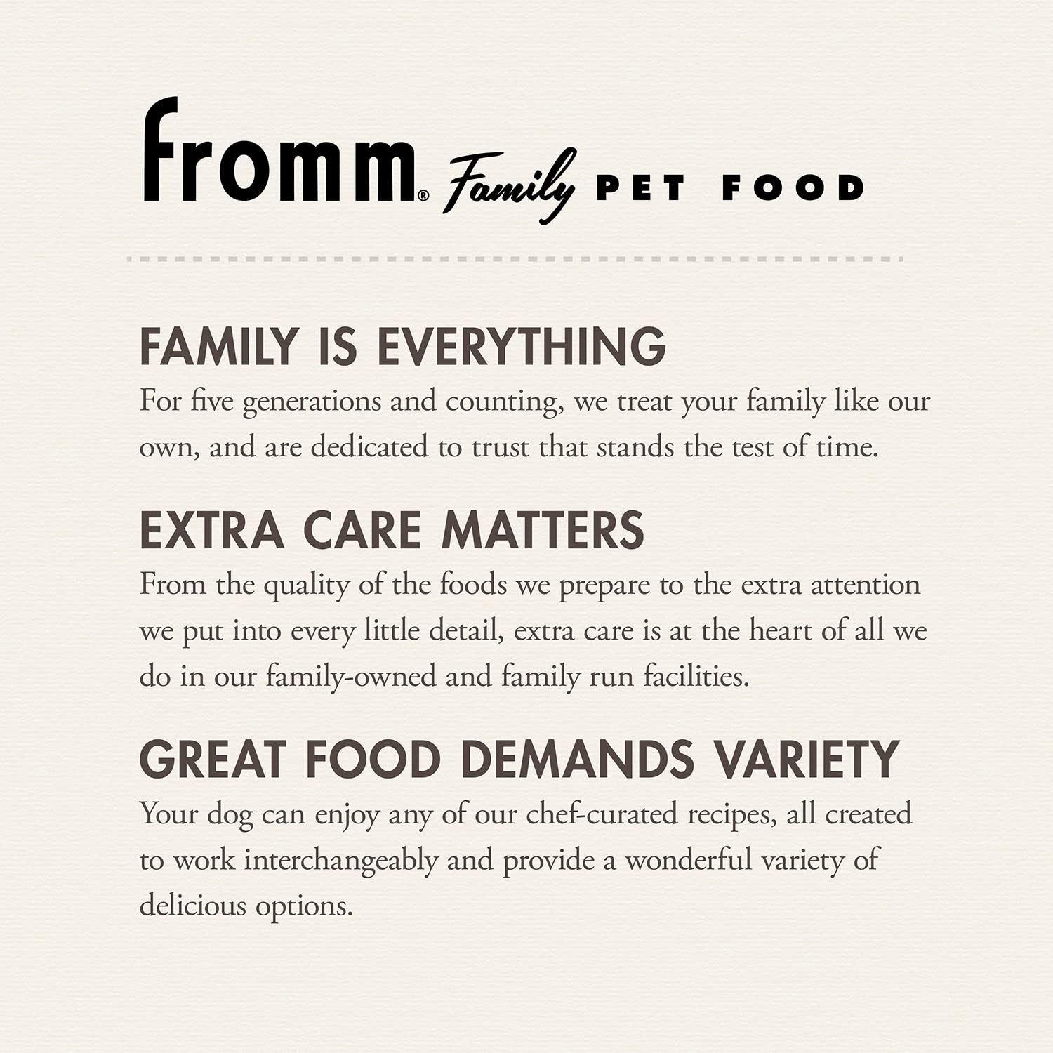 Fromm family-owned logo emphasizing trusted pet nutrition heritage.