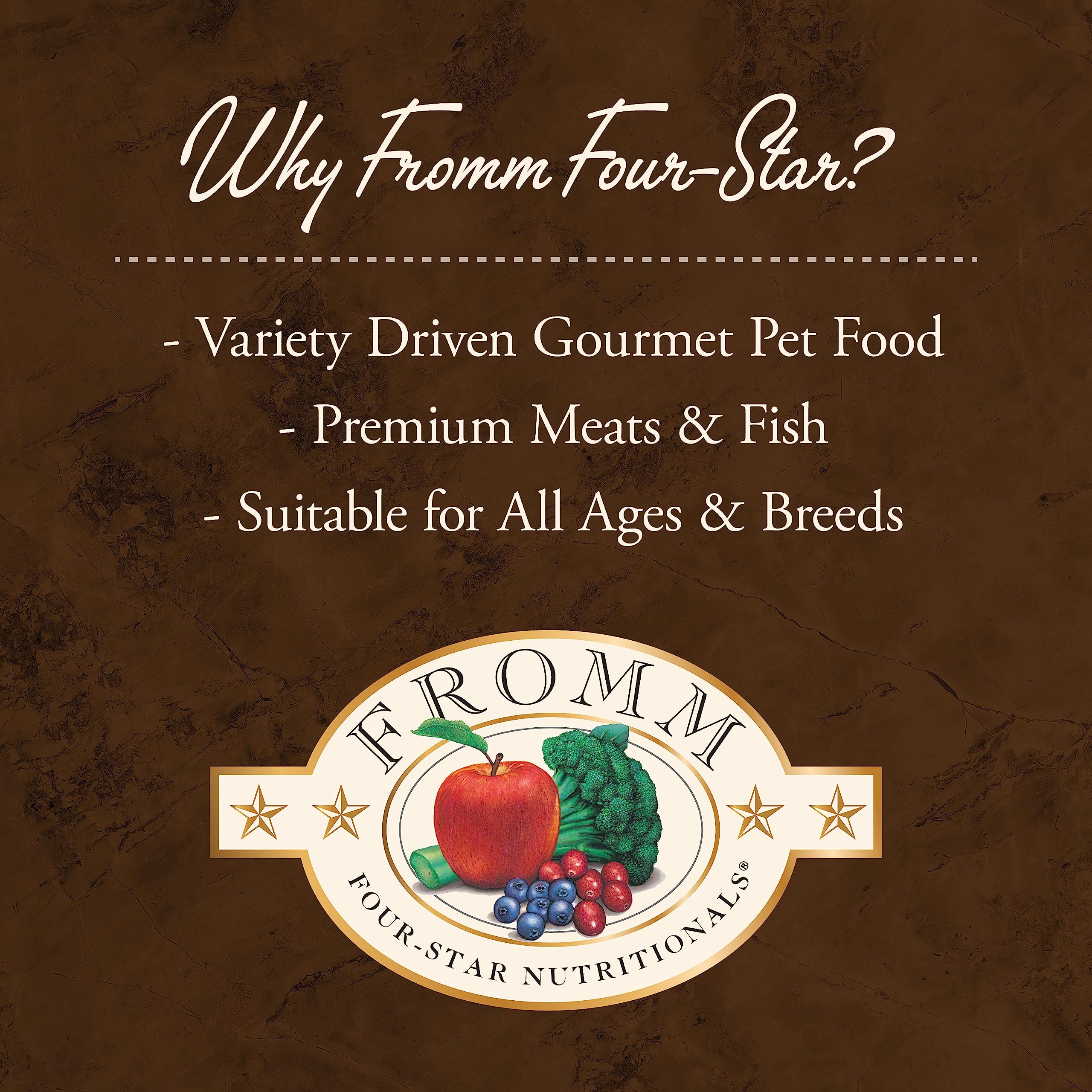 Fromm Four-Star game-bird multi-meat kibble suitable for all life stages.