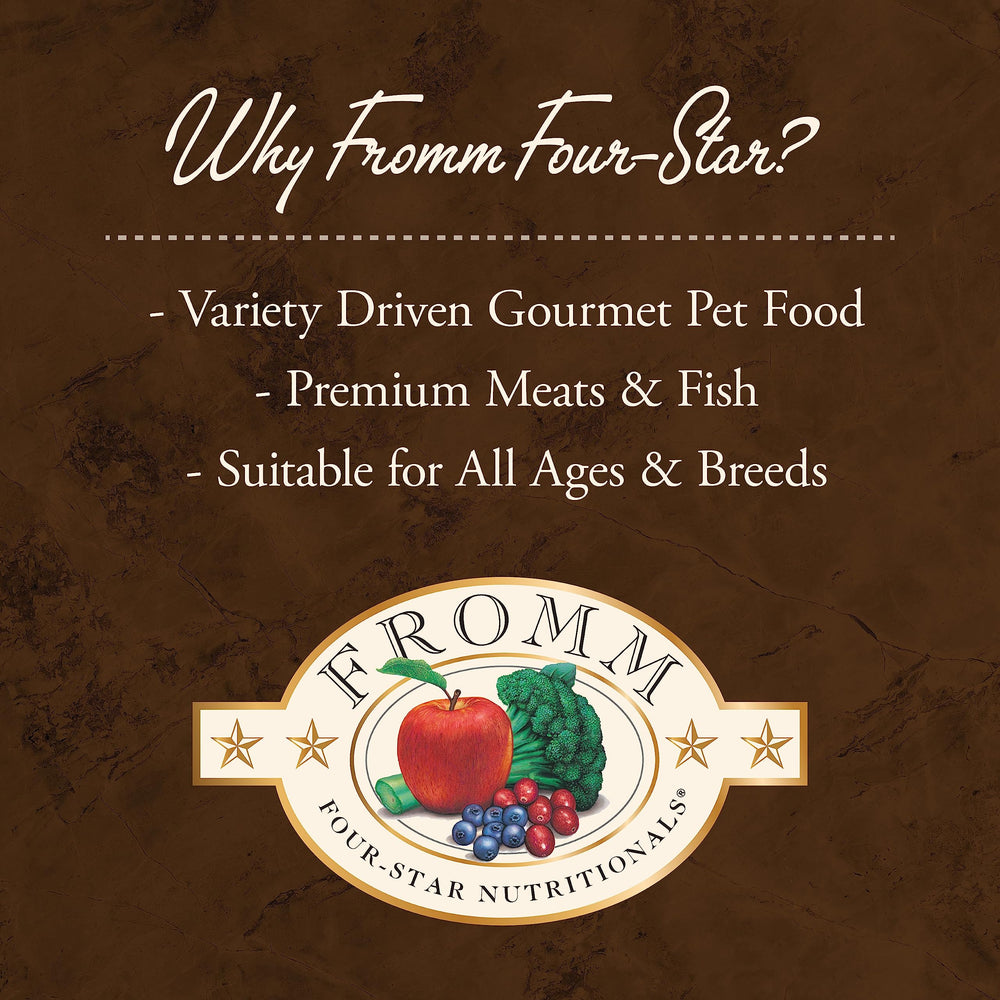 Fromm Four-Star game-bird multi-meat kibble suitable for all life stages.