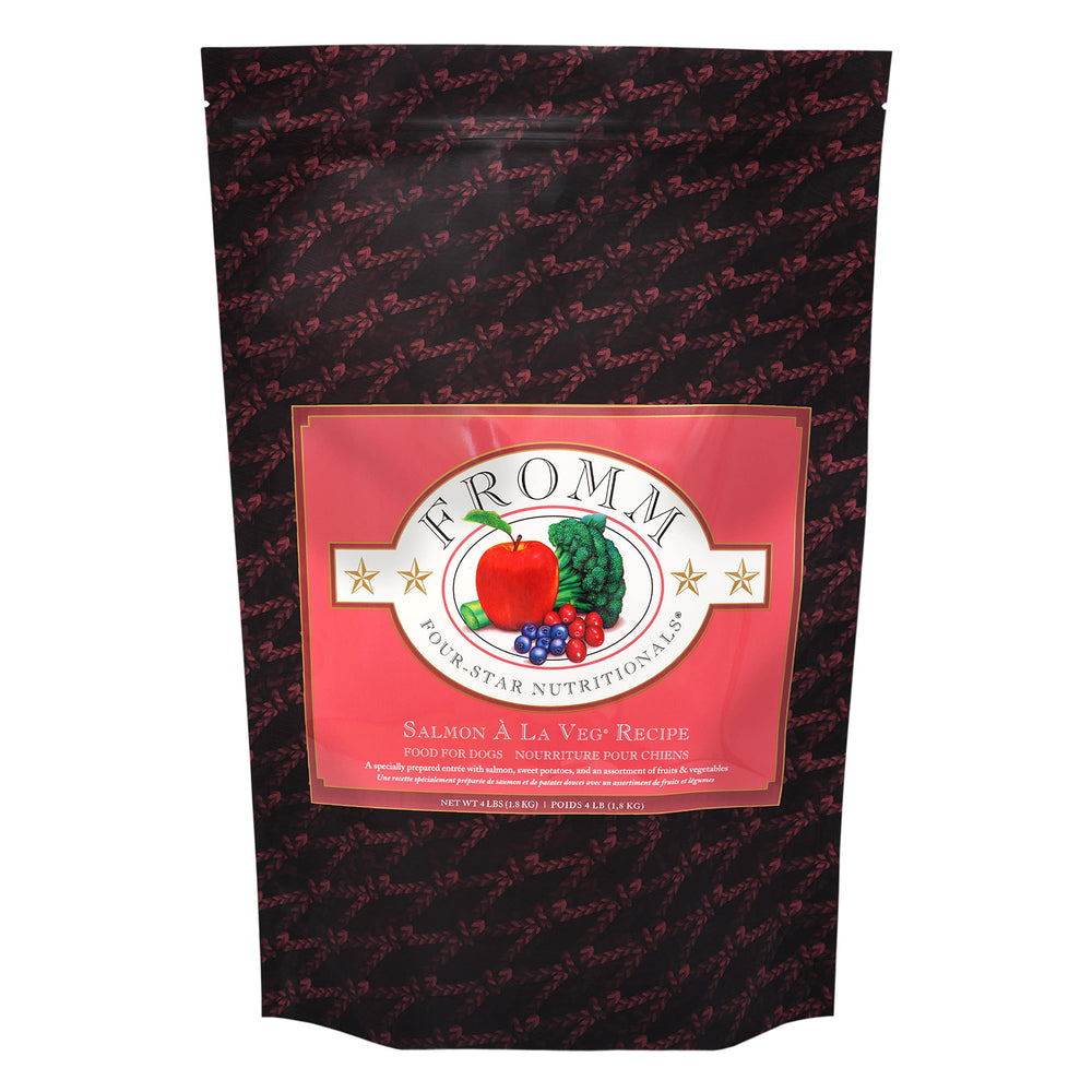 Fromm Four-Star Salmon A La Veg bag highlighting premium salmon and vegetables for balanced nutrition.