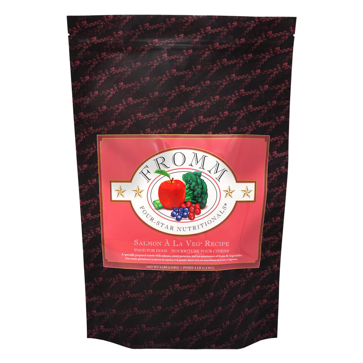 Fromm Four-Star Salmon A La Veg bag highlighting premium salmon and vegetables for balanced nutrition.