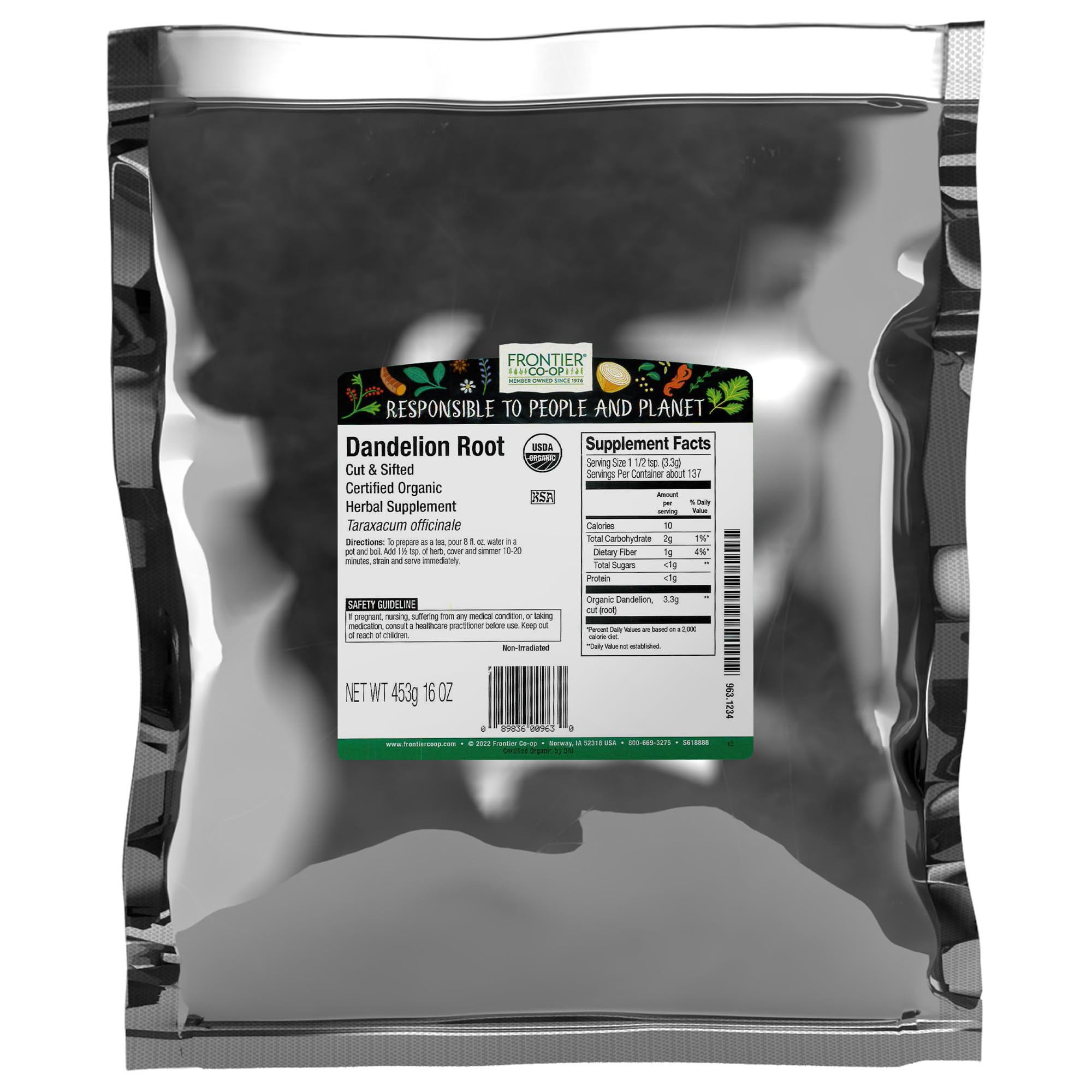 Frontier Co-op Organic Dandelion Root in bulk packaging for easy measuring.