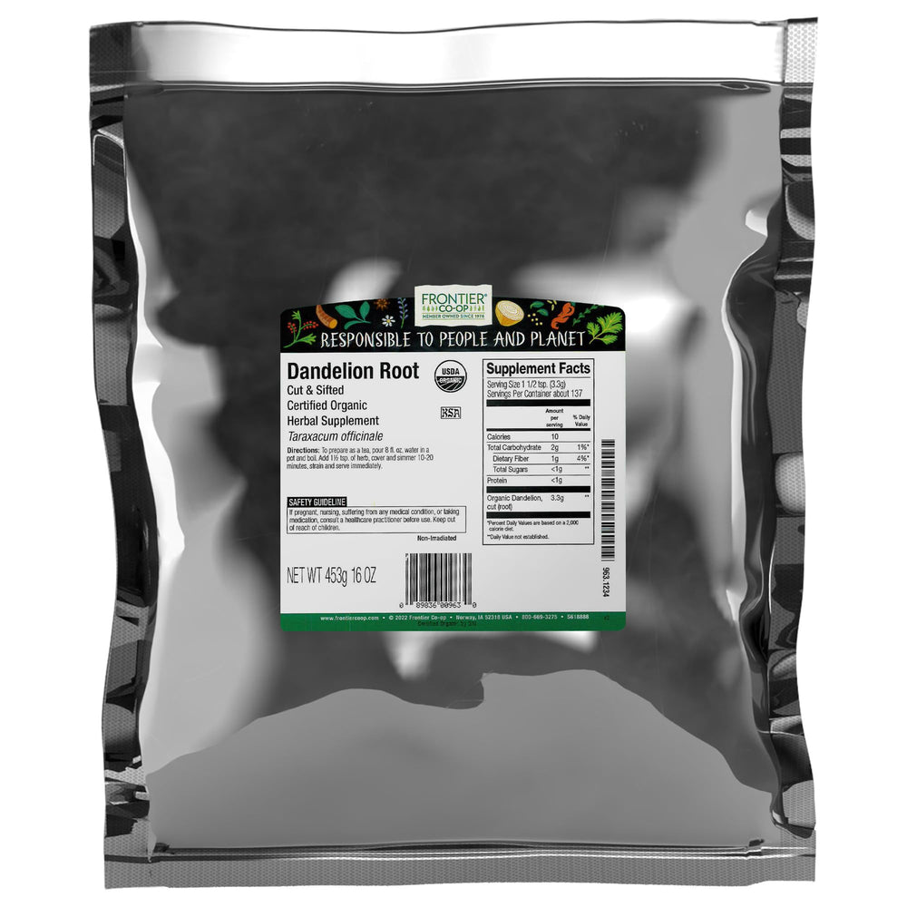 Frontier Co-op Organic Dandelion Root in bulk packaging for easy measuring.