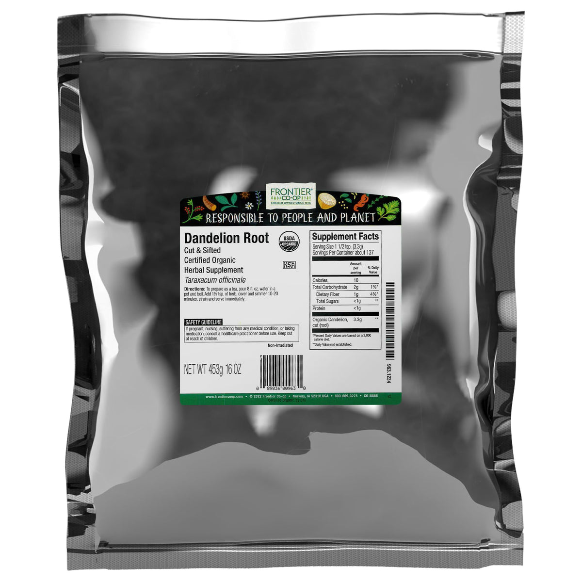 Frontier Co-op Organic Dandelion Root in bulk packaging for easy measuring.